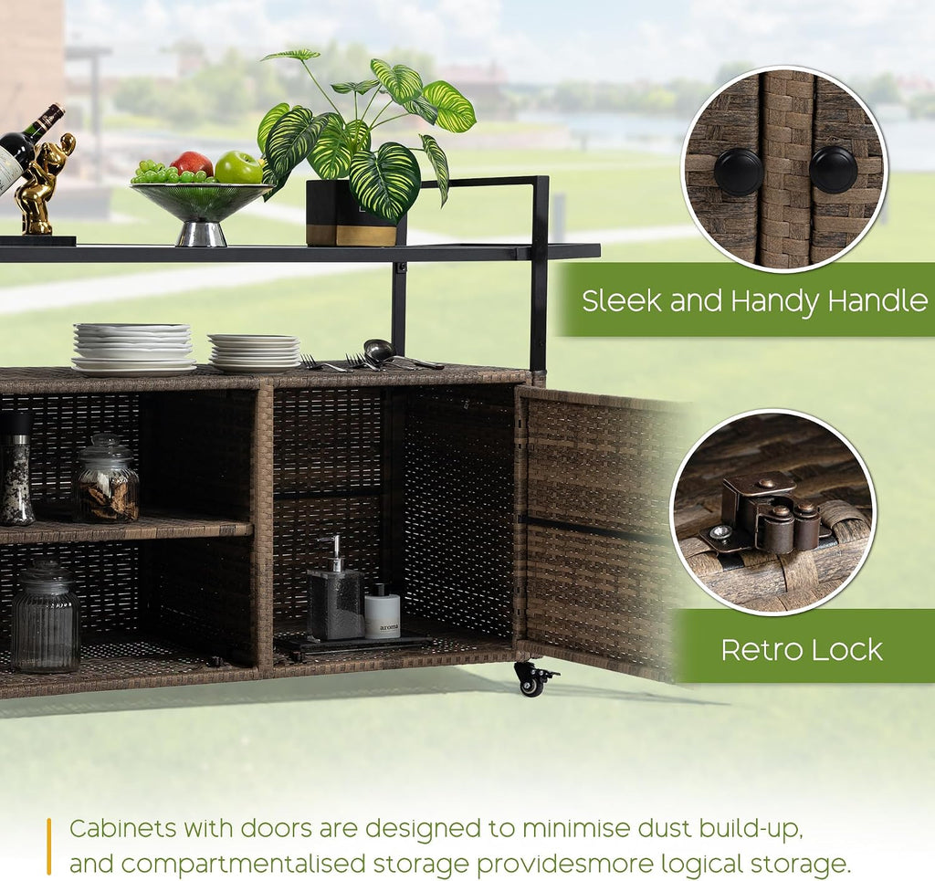Wicker Outdoor Bar Cart - Brown Patio Console Table Buffet Storage Cabinet Serving Kitchen Cart with Wheels for Outside Backyard