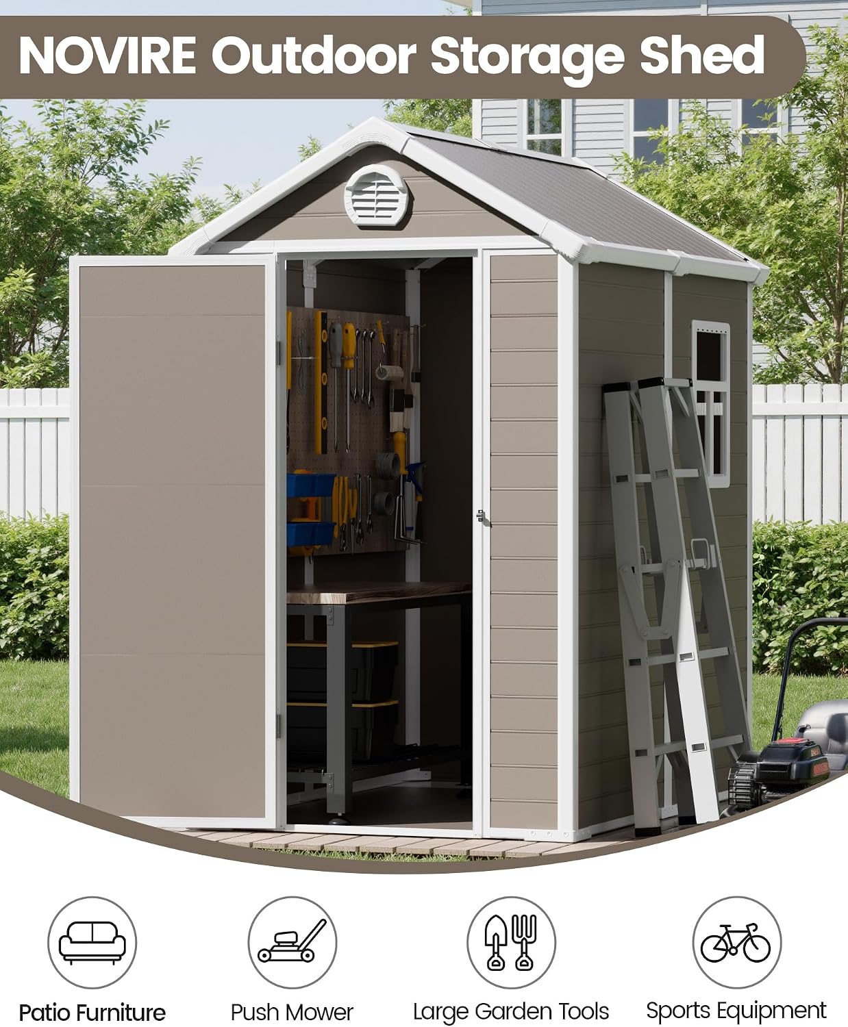 6x4.5 FT Plastic Sheds & Outdoor Storage, UV Resistant Storage Sheds Outdoor with Floor and Window, All-Weather Garden Resin Tool Shed for Lawn Mower, Yard Tools, Bike, Warm Gray