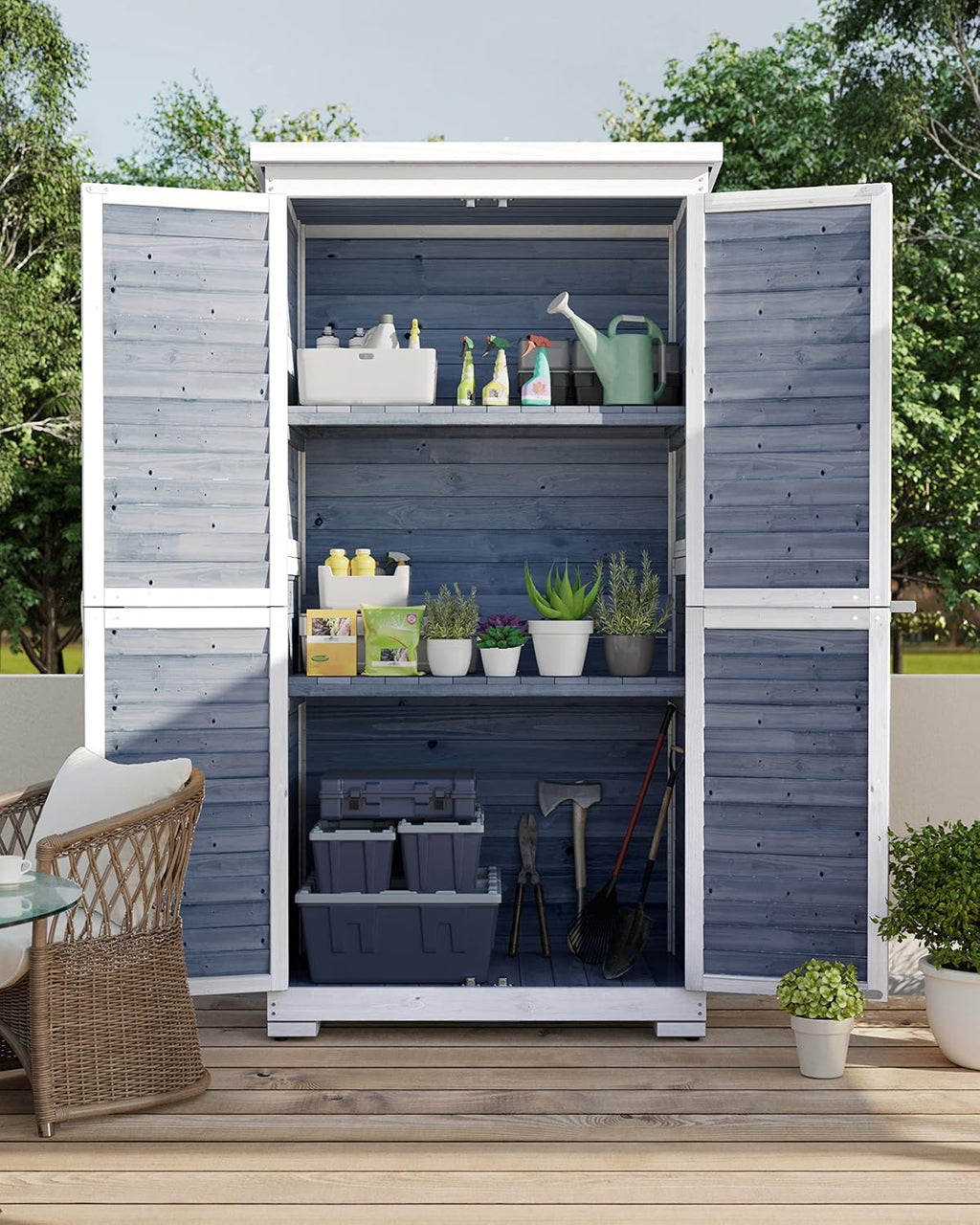 Gizoon Outdoor Storage Cabinet with 3 Shelves, Double Lockable Wooden Garden Shed with Waterproof Roof, Outside Vertical Tall Tool Shed for Yard Patio Lawn Deck-Grey