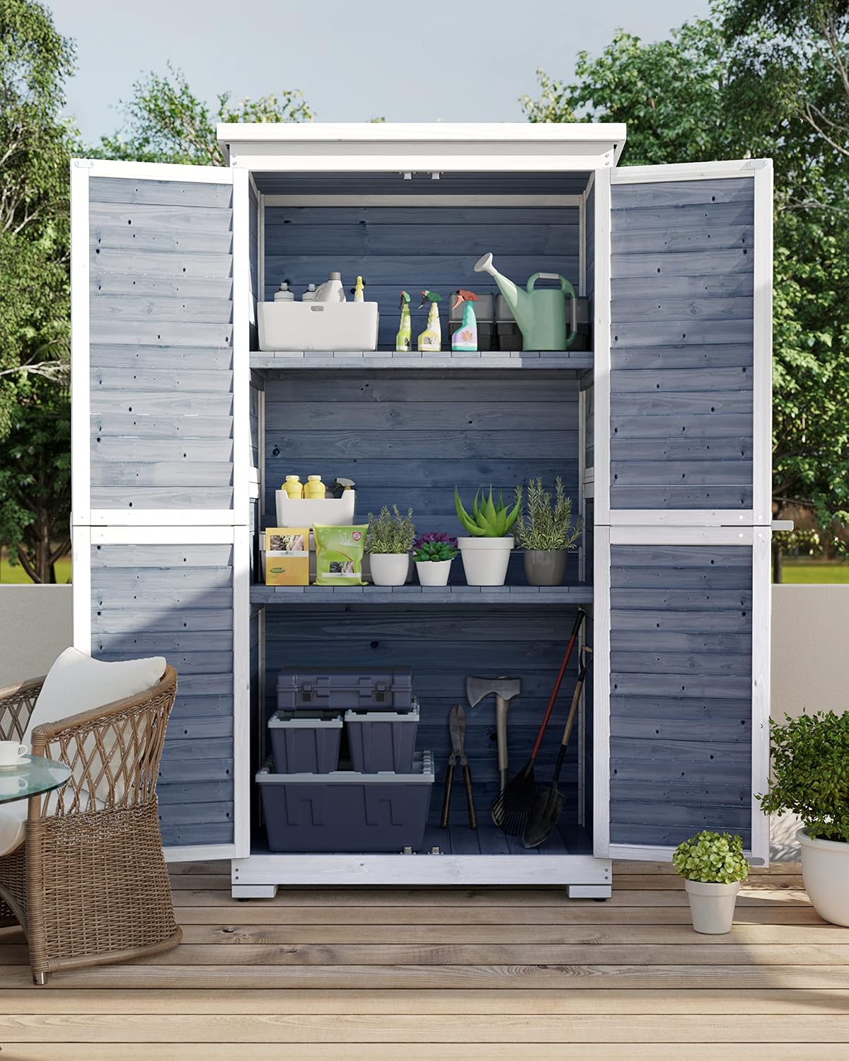 Gizoon Outdoor Storage Cabinet with 3 Shelves, Double Lockable Wooden Garden Shed with Waterproof Roof, Outside Vertical Tall Tool Shed for Yard Patio Lawn Deck-Grey