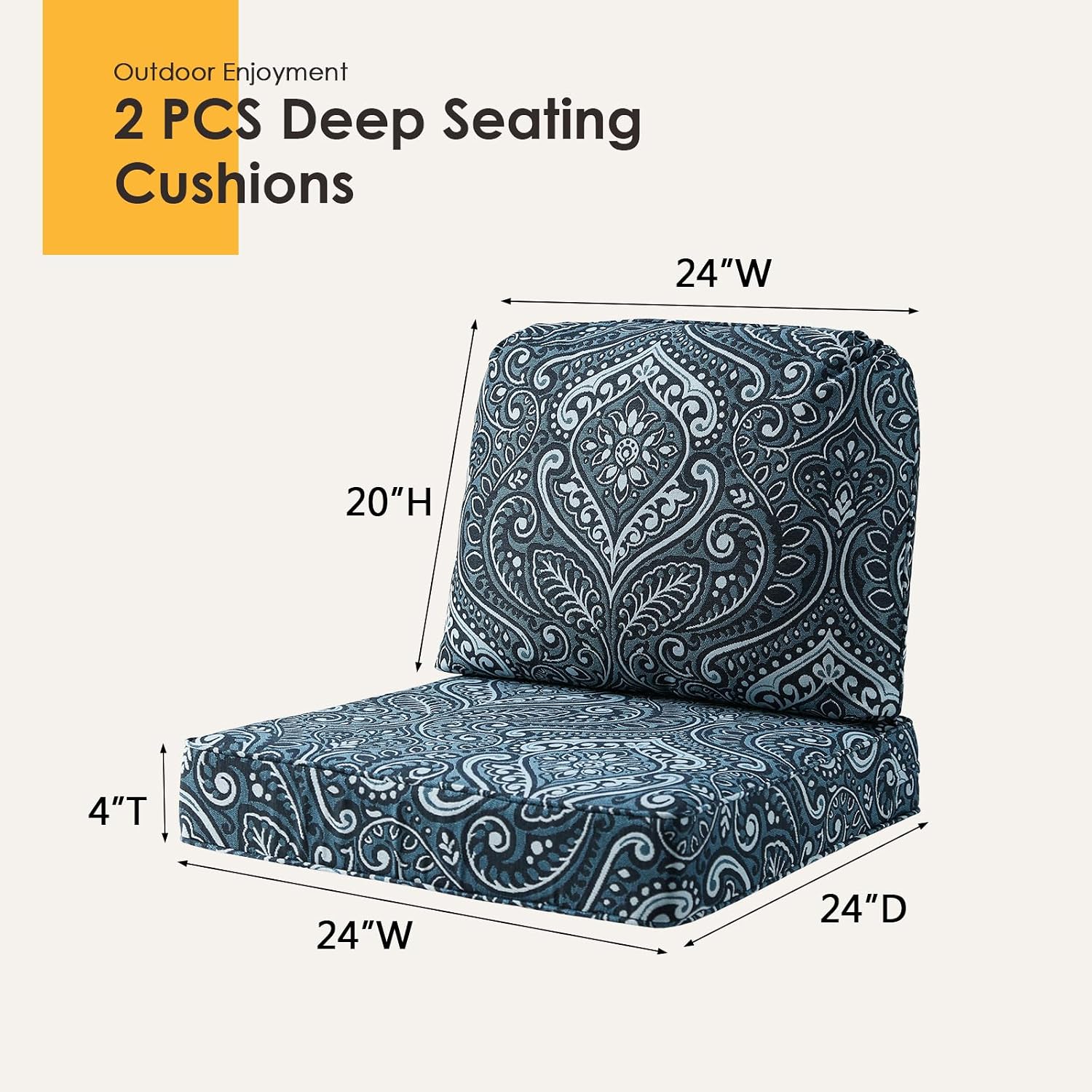 Outdoor Cushions for Patio Furniture Set of 2, 24'x24' Water Repellent Chair Cushions Removable Seat Bottom & Back Cushion Covers for Chair, Sofa, Couch, Damask Vine