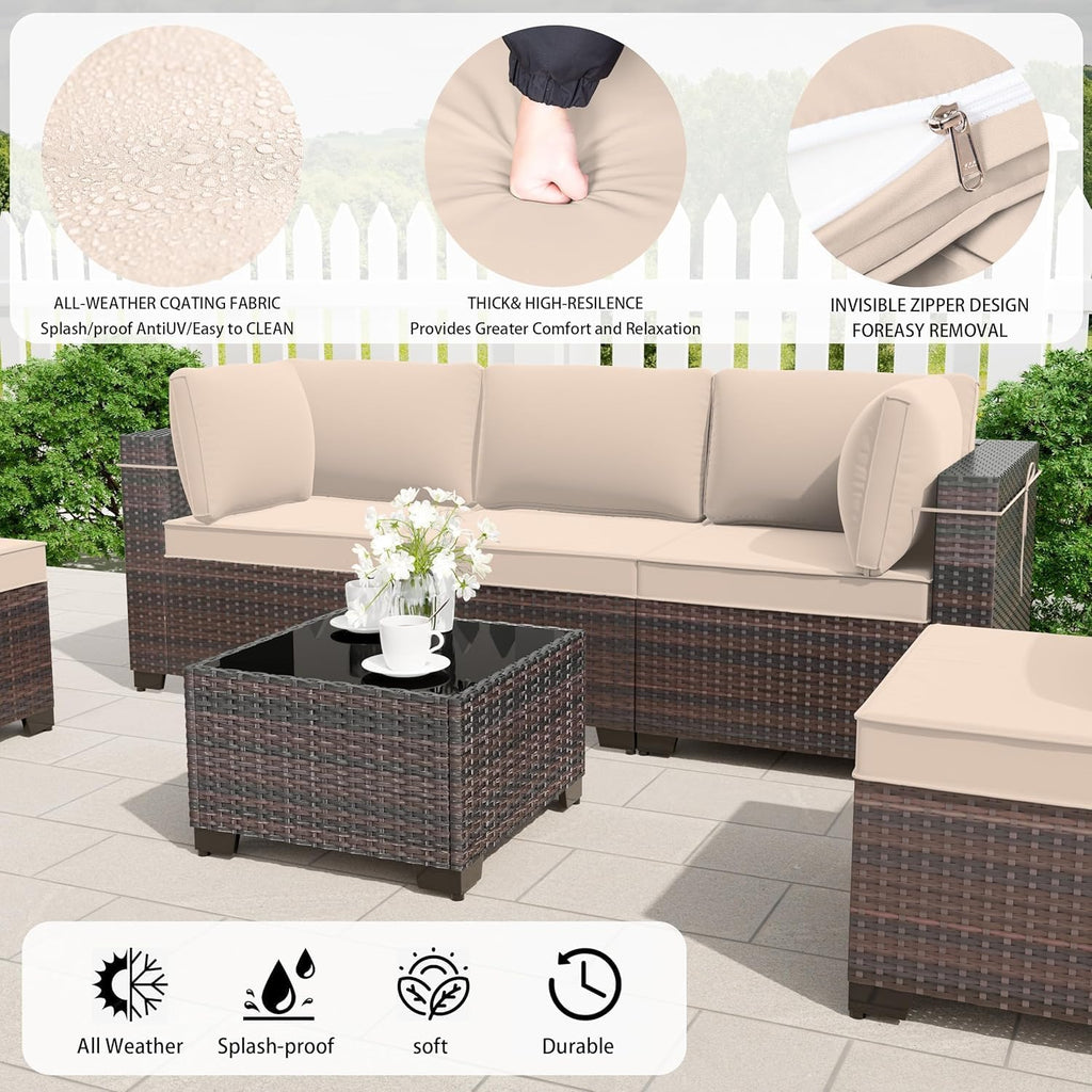 8 Pieces Outdoor Patio Furniture Set,Outdoor Sectional Furniture with 43' 55000 BTU Gas Propane Fire Pit Table,All Weather PE Rattan Wicker Patio Conversation Set,Sand