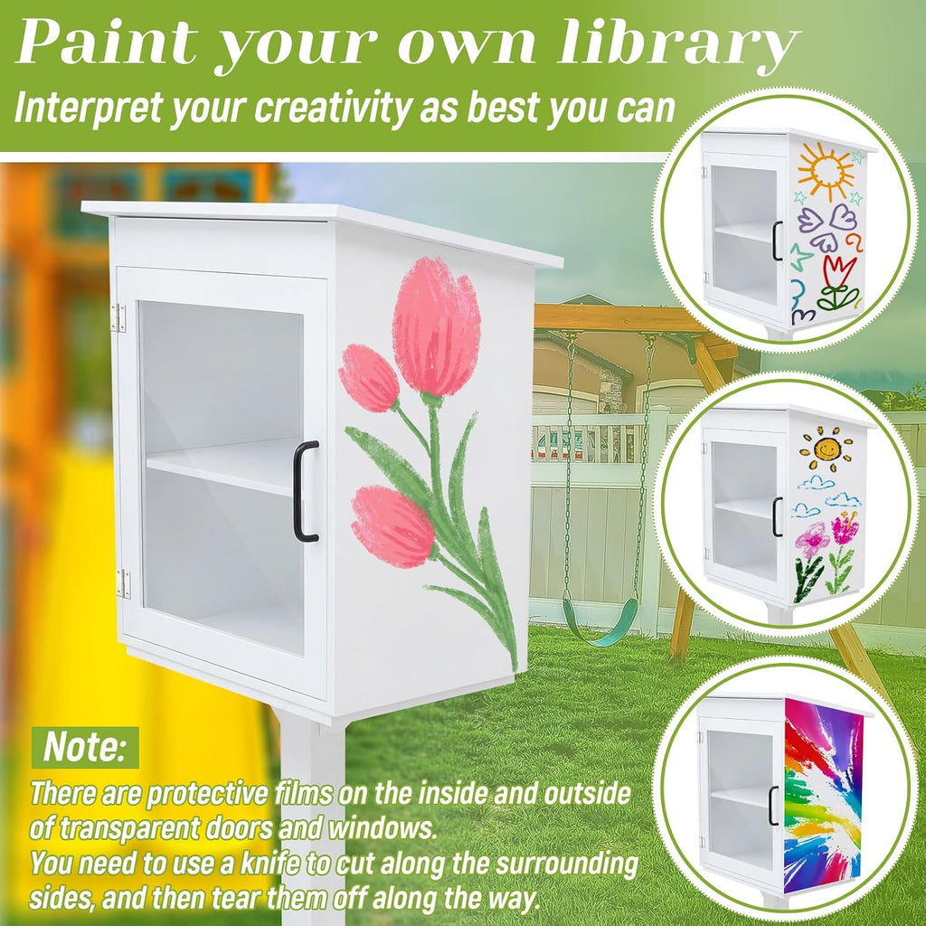 Wonderjune Wooden Little Library Box Outdoor, Weatherproof Double Solid Wood Book Exchange Box with Floor Plugs and Small Flower Fence for Neighborhoods, Community, Literature, School(White)