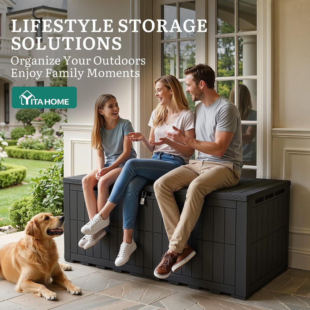 YITAHOME 200 Gallon Large Outdoor Storage Box XL Resin Deck Box with Lock, Waterproof Patio Furniture Bin and 3-Person Bench Seating for Garden Tools & Pool Accessories, Black