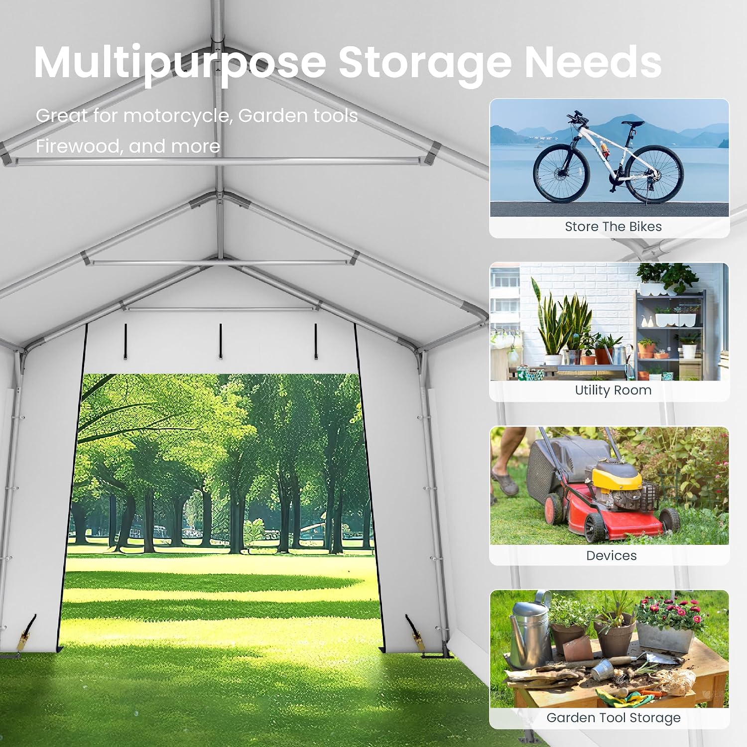 PHI VILLA 10X15ft Carport, Portable Carports Outdoor Storage Shelter Shed Garage Canopy with Roll up Zipper Doors & Vents Waterproof UV Resistant Garages Tent for Cars,Boats,Tools, Motorcycle, Gray