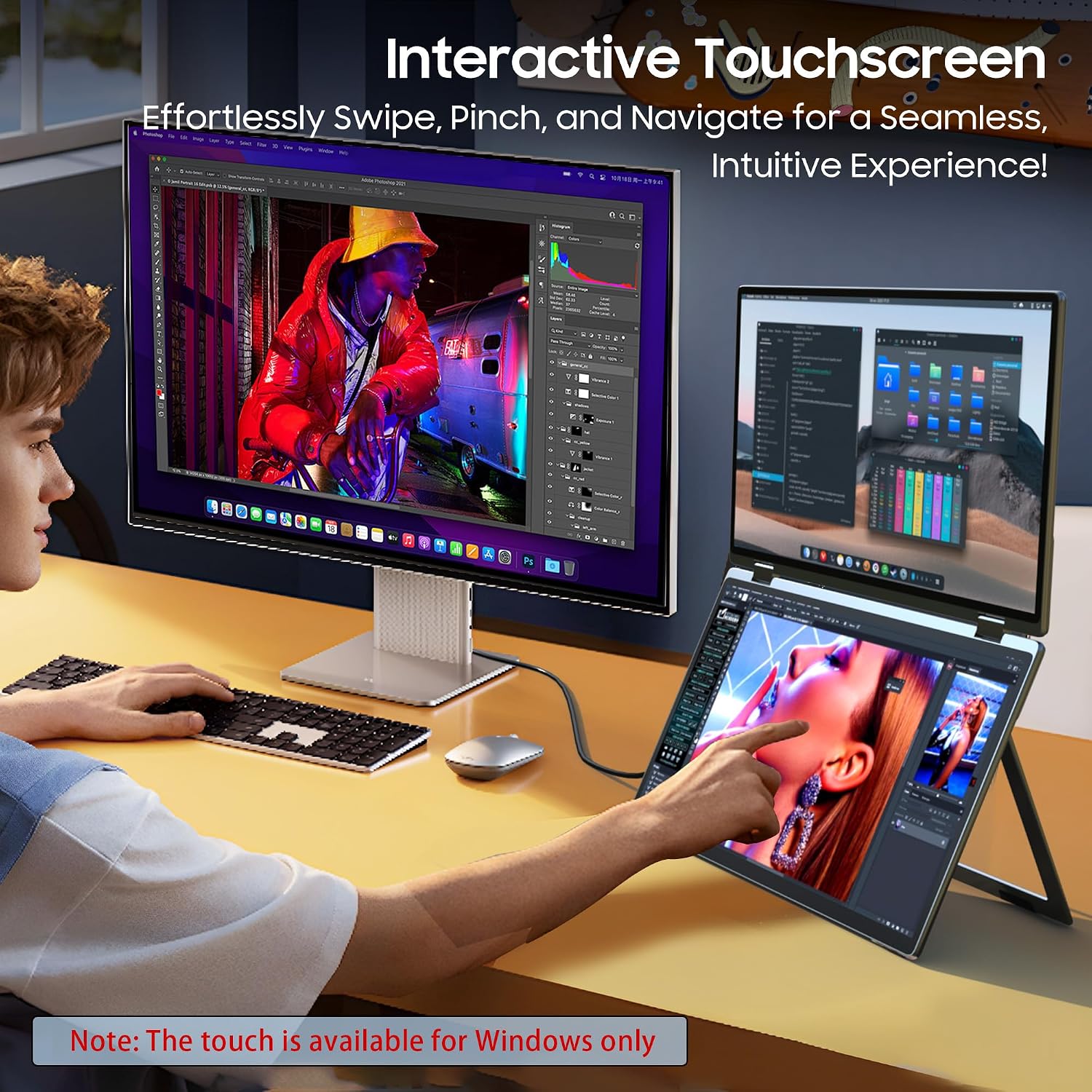 wisecoco 15.6' Dual Screen Touch Portable Monitor for Laptop Screen Extender IPS 1080P 360°Foldable Stacked Display with Kickstand HDMI USB-C for PC Laptop Windows Mac Driver-Free Flip S5+