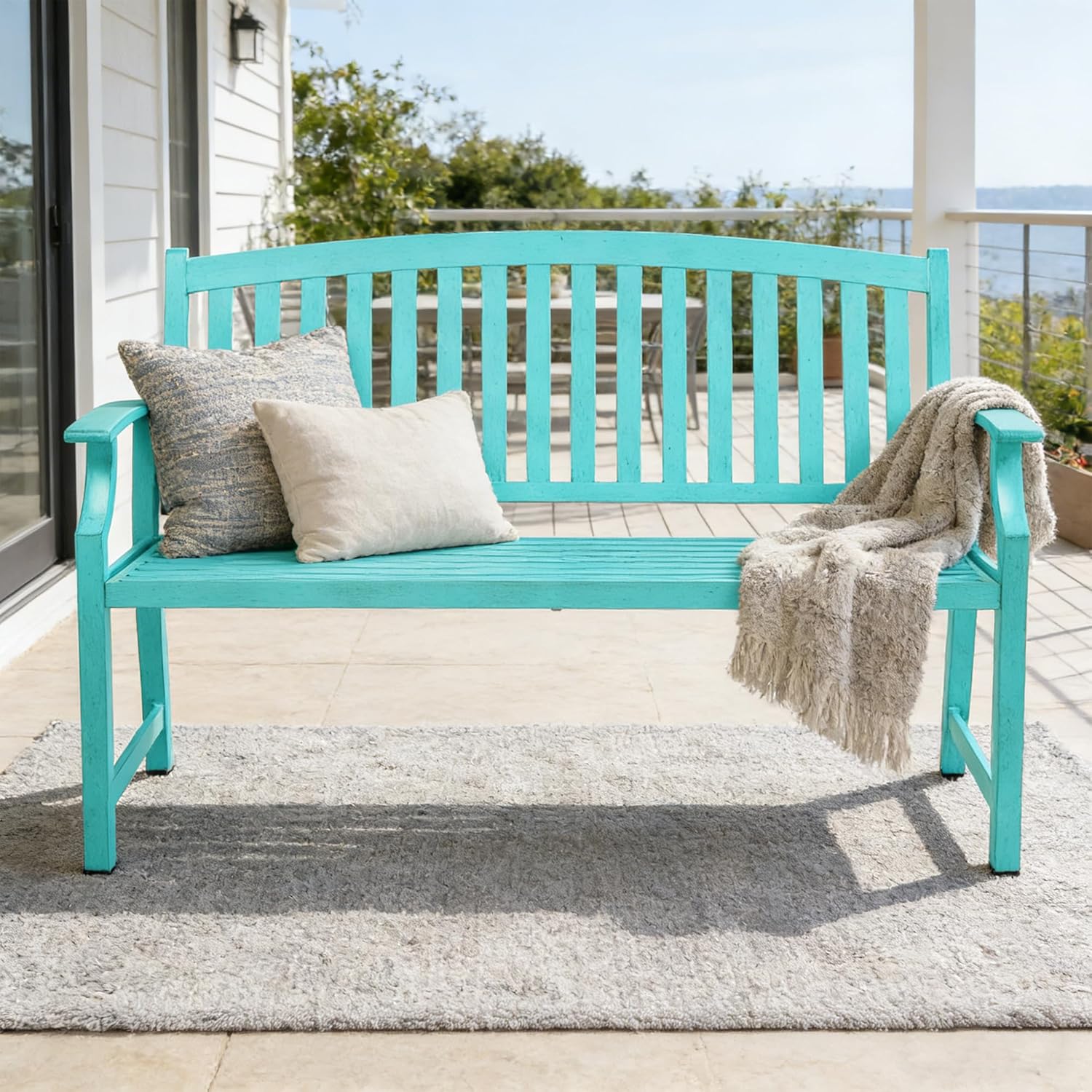 Grand patio 52' Farmhouse Outdoor Bench, Garden Benches with Anti-Rust Aluminum Powder Coated Frame, Faux Wood Grain Finish Frame Patio Bench for Front Porch, Turquoise Blue
