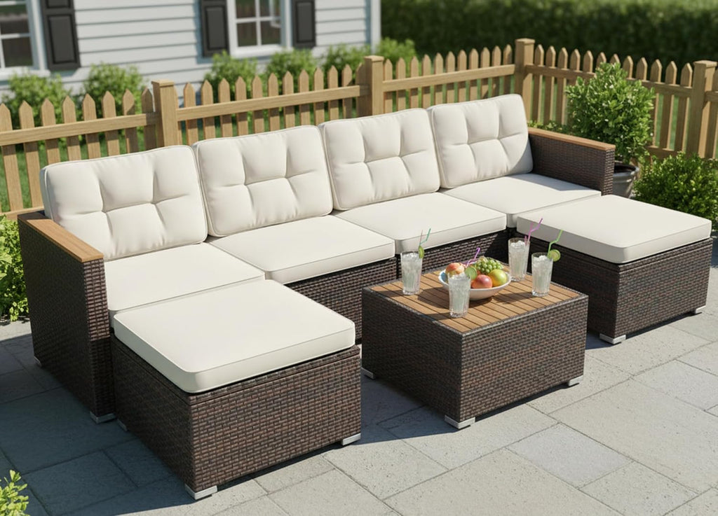 Tangkula 7 Pieces U Shape Outdoor Furniture Set, Patio Rattan Cushioned Chairs & Coffee Table Set, Outdoor Sectional Conversation Sofa with Wood Armrests & Tabletop for Backyard, Porch, Balcony