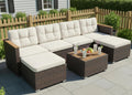 Tangkula 7 Pieces U Shape Outdoor Furniture Set, Patio Rattan Cushioned Chairs & Coffee Table Set, Outdoor Sectional Conversation Sofa with Wood Armrests & Tabletop for Backyard, Porch, Balcony