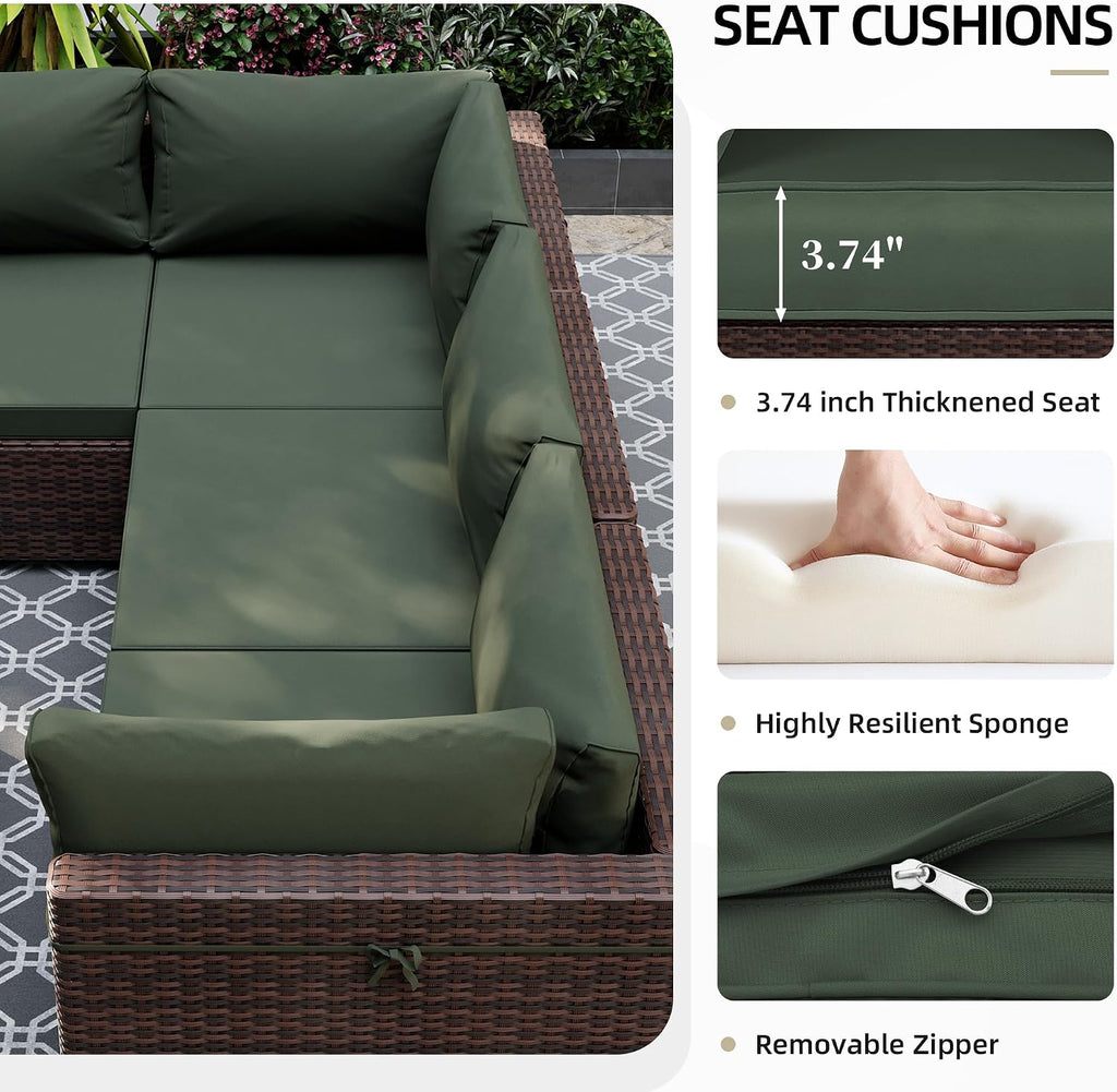 UPHA 7 Pieces Patio Furniture Sets, Wicker Outdoor Sectional Sofa Couch with Coffee Table, Patio Conversation Set for Deck Backyard Garden, Brown Rattan, Pine Green Cushion