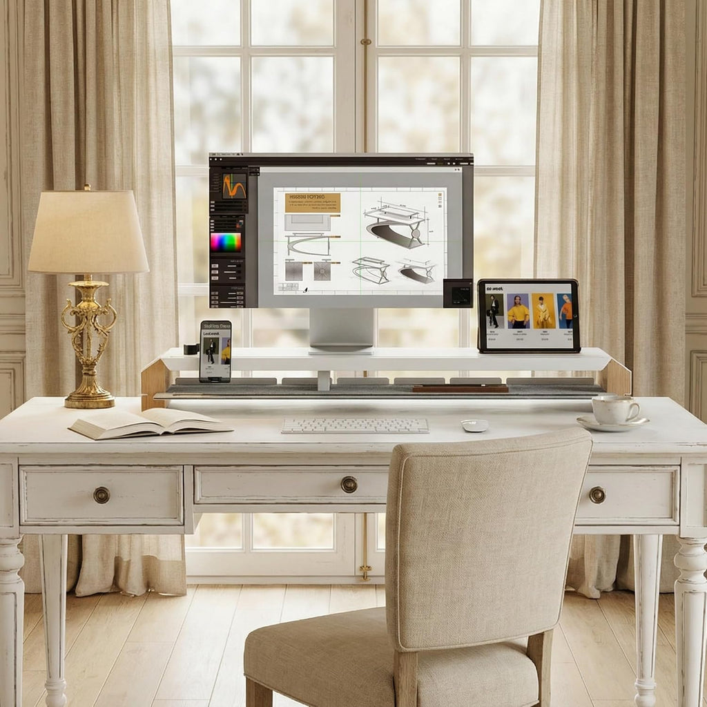 Fenge Monitor Stand for Desk, 39 Inch Dual Monitor Riser for 2 Monitors, Solid Wood Desk Shelf with Cable Management, 2 Tier Computer Stand with Phone Stand for PC, Laptop, Printer, TV