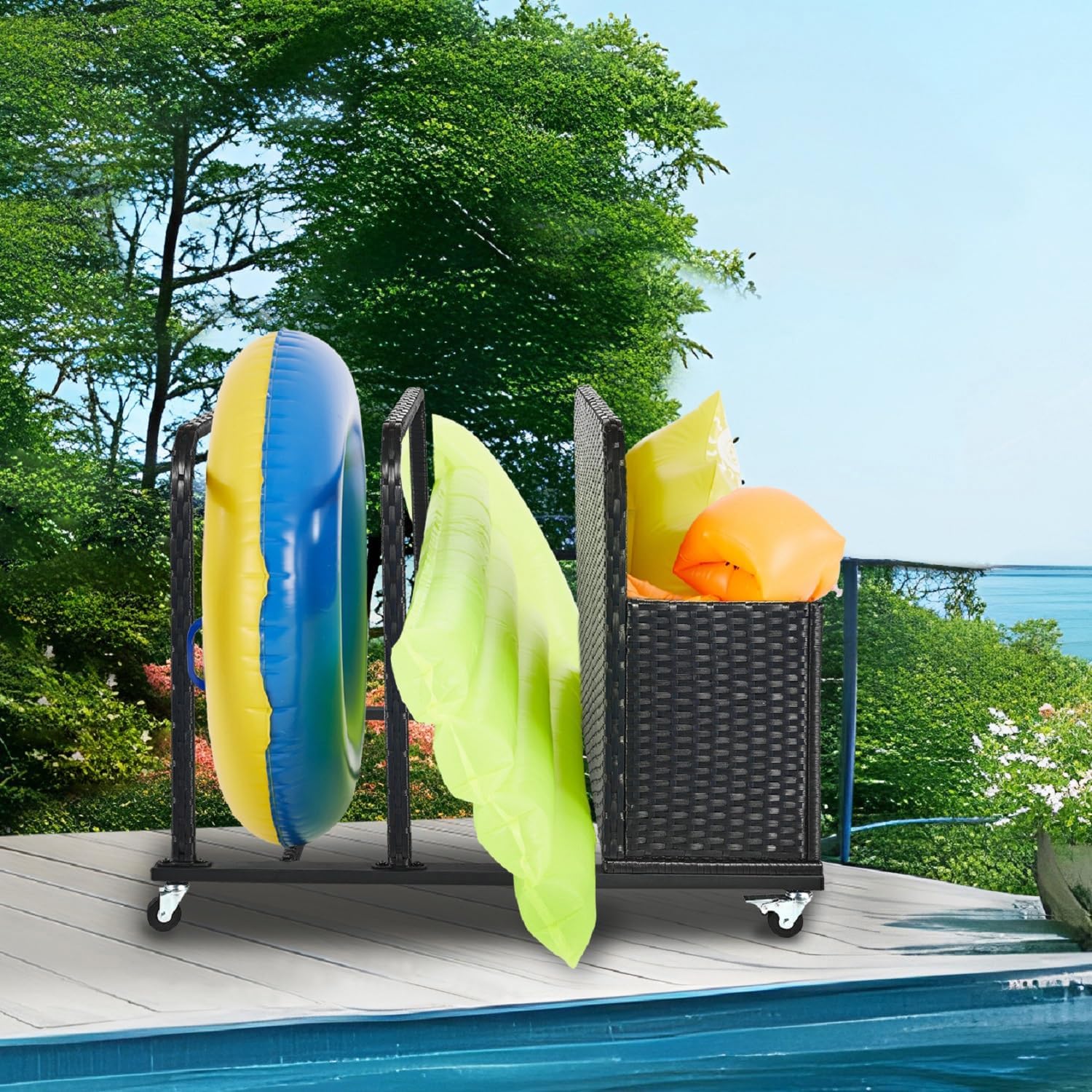 Poolside Float Storage Organizer, Pool Toy Storage Holder with Wicker Basket Outdoor Pool Float Holder Storages Rack Rolling Caddy Cart Raft Holder Storages Rack for Poolside Noodles Equipment Black