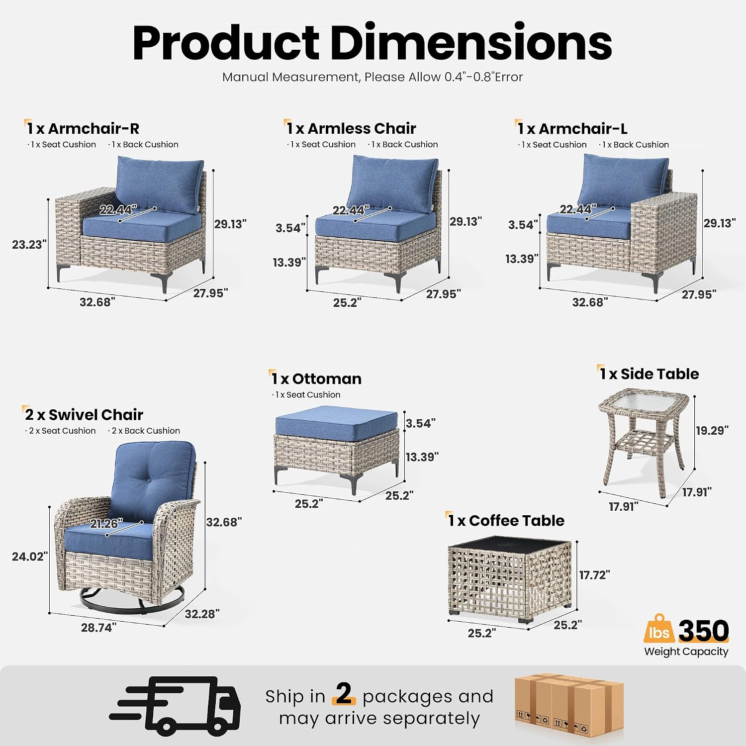 ovios 8-Piece Patio Furniture Set with L-Shape Sofa Chaise, Outdoor Sectional Couch Swivel Gliders Solar Table, Modern Modular Wicker Rattan Conversation Set, Denim Blue