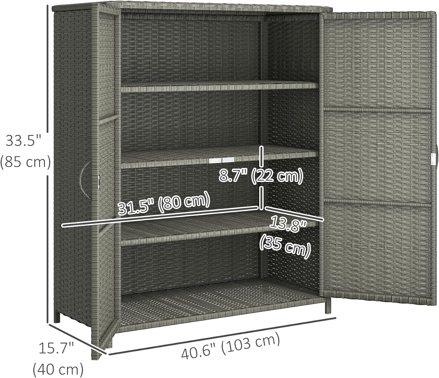 Outsunny Wicker Outdoor Storage Cabinet with Shelves, 4-Shelf Outdoor Pool Towel Cabinet with Two Doors, Rattan Patio Storage Shelves for Garden, Backyard, Porch, Dark Gray