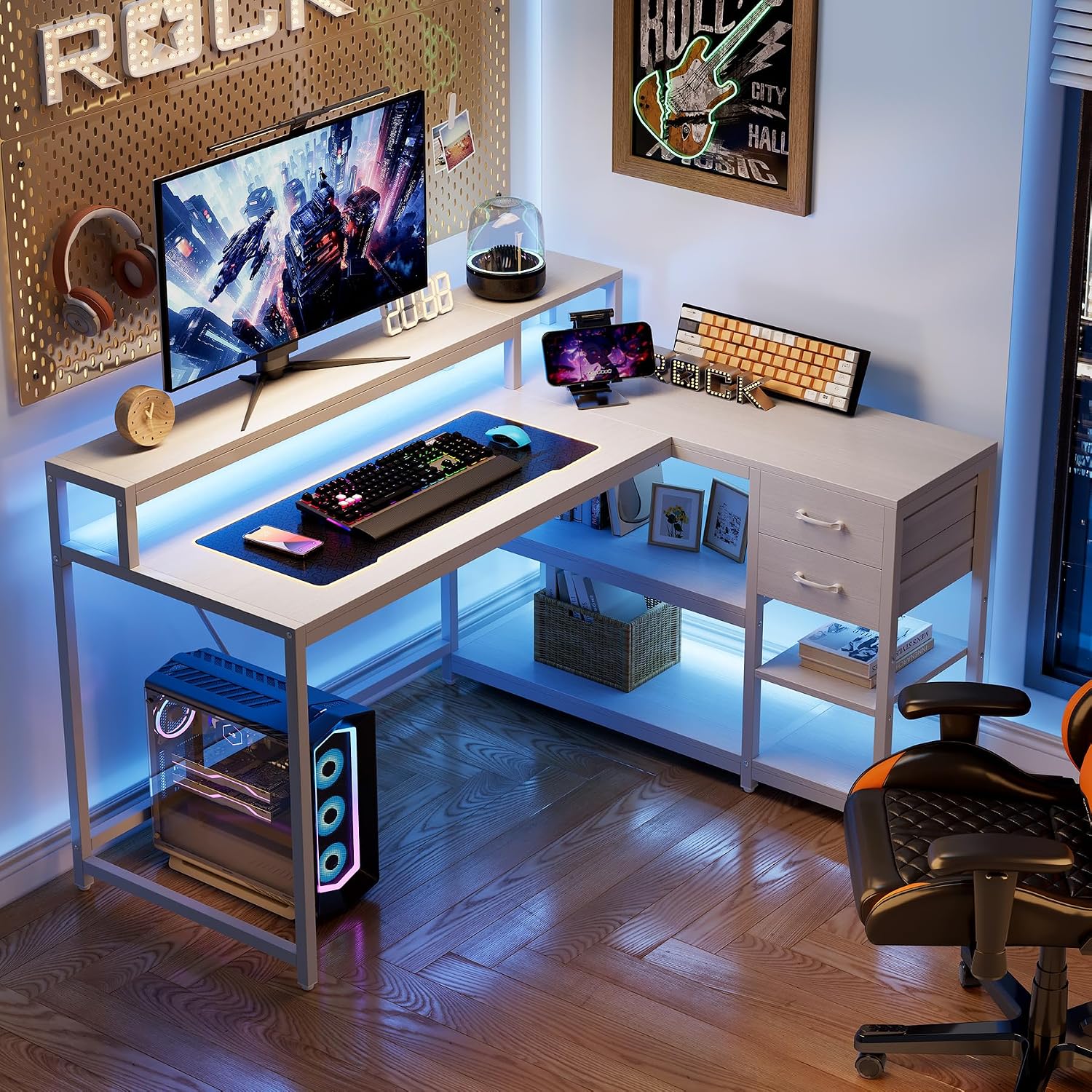 LITTLE TREE 55-Inch L-Shaped Computer Desk, Reversible Computer Desk with Drawers and Storage Shelves, Corner Desk Gaming Desk Work Desk for Home Office, White