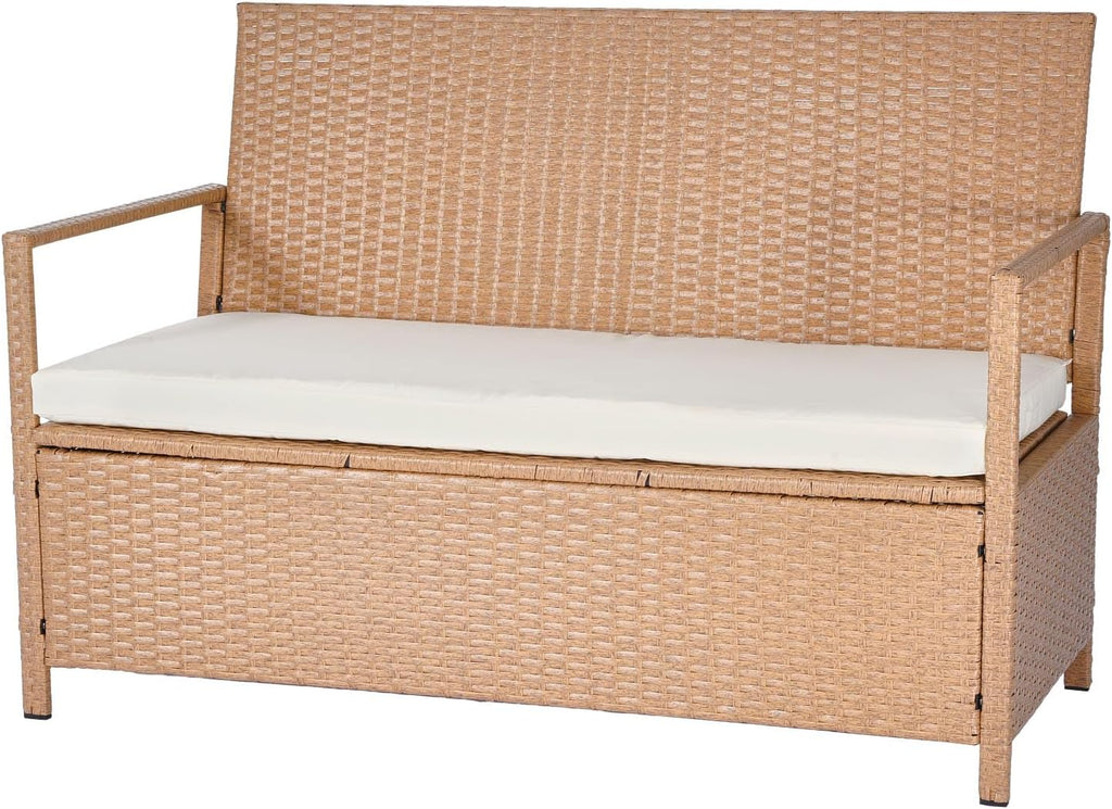 VEVOR Outdoor Storage Bench, 2-Person PE Rattan Storage Bench, 70 Gal Deck Box with Cushion, Supports up to 265 lbs, Outdoor Seating & Porch Decor for Patio Garden Balcony Yard