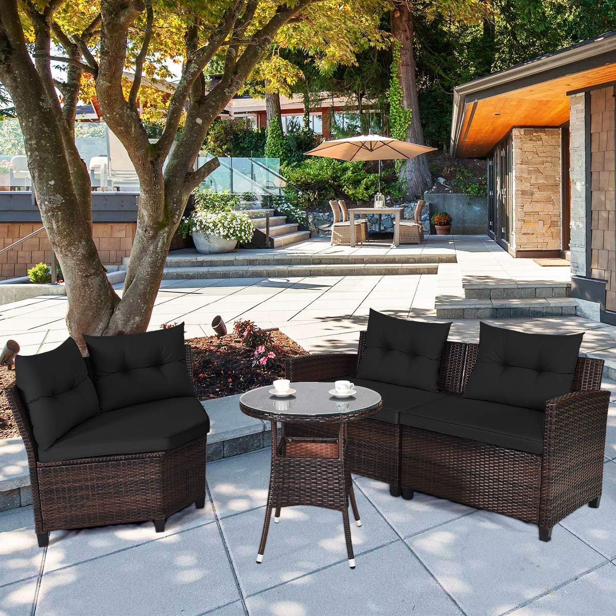 HAPPYGRILL 4 Pieces Rattan Patio Conversation Set, Outdoor Wicker Furniture Set with Cushioned Sofas and Coffee Table, L-Shape Sectional Curved Sofa Set for Garden Poolside Balcony