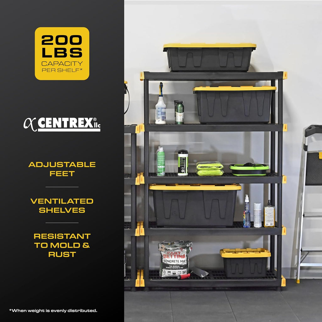 CX Black & Yellow, 5-Tier Heavy Duty Plastic Storage Shelves that Support up to 200lbs/shelf, Organization and Storage, Weather-Resistant Design, Easy Assembly (72'H x 48'W x 20'D)