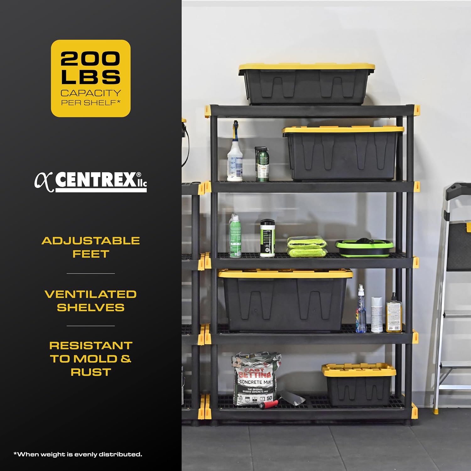 CX Black & Yellow, 5-Tier Heavy Duty Plastic Storage Shelves that Support up to 200lbs/shelf, Organization and Storage, Weather-Resistant Design, Easy Assembly (72'H x 48'W x 20'D)