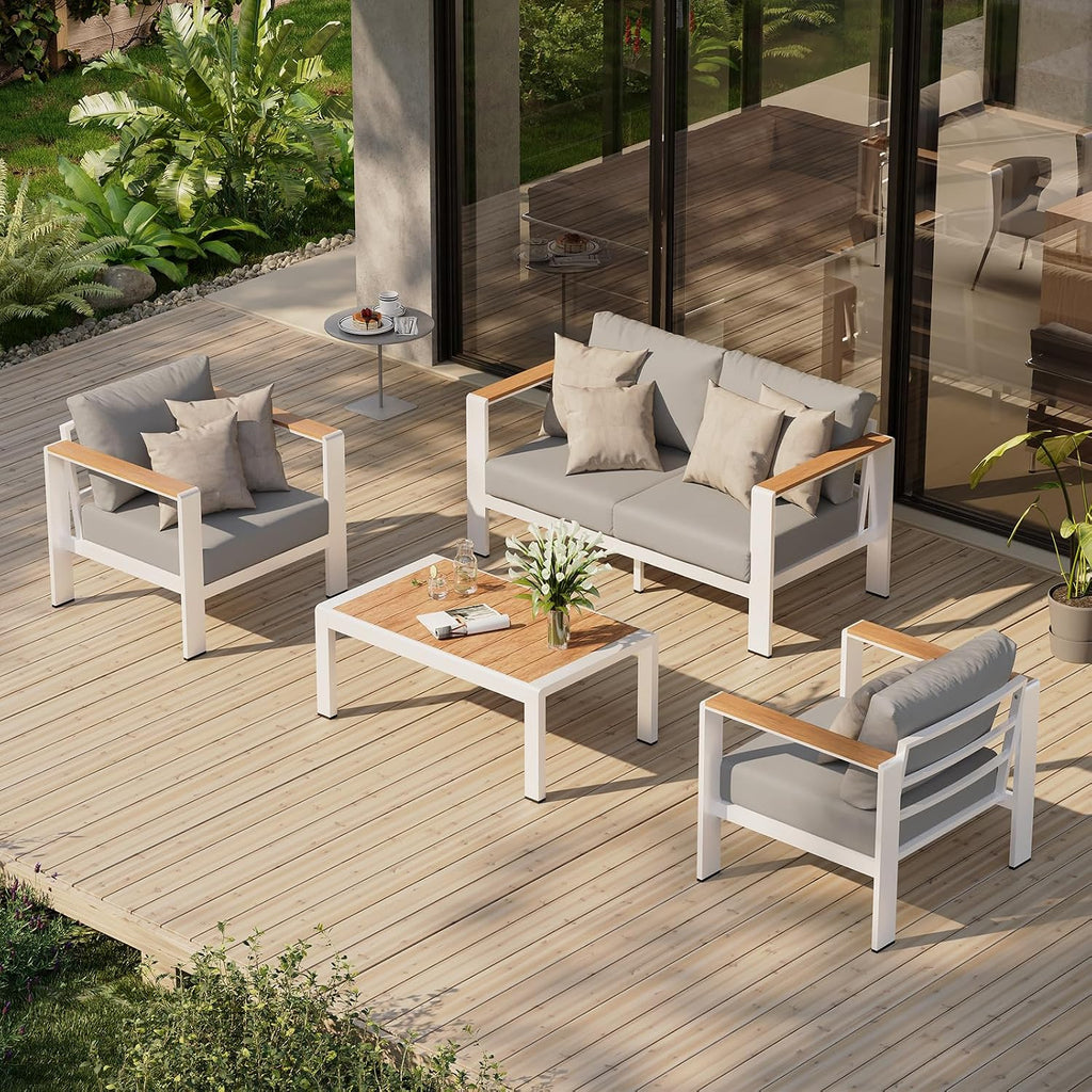 Aluminum Outdoor Patio Furniture Set with Coffee Table, 4 Piece Patio Conversation Sets with Washable Thick Cushions, Patio Sectional Furniture Set for Porch, Balcony, Deck, Yard, White