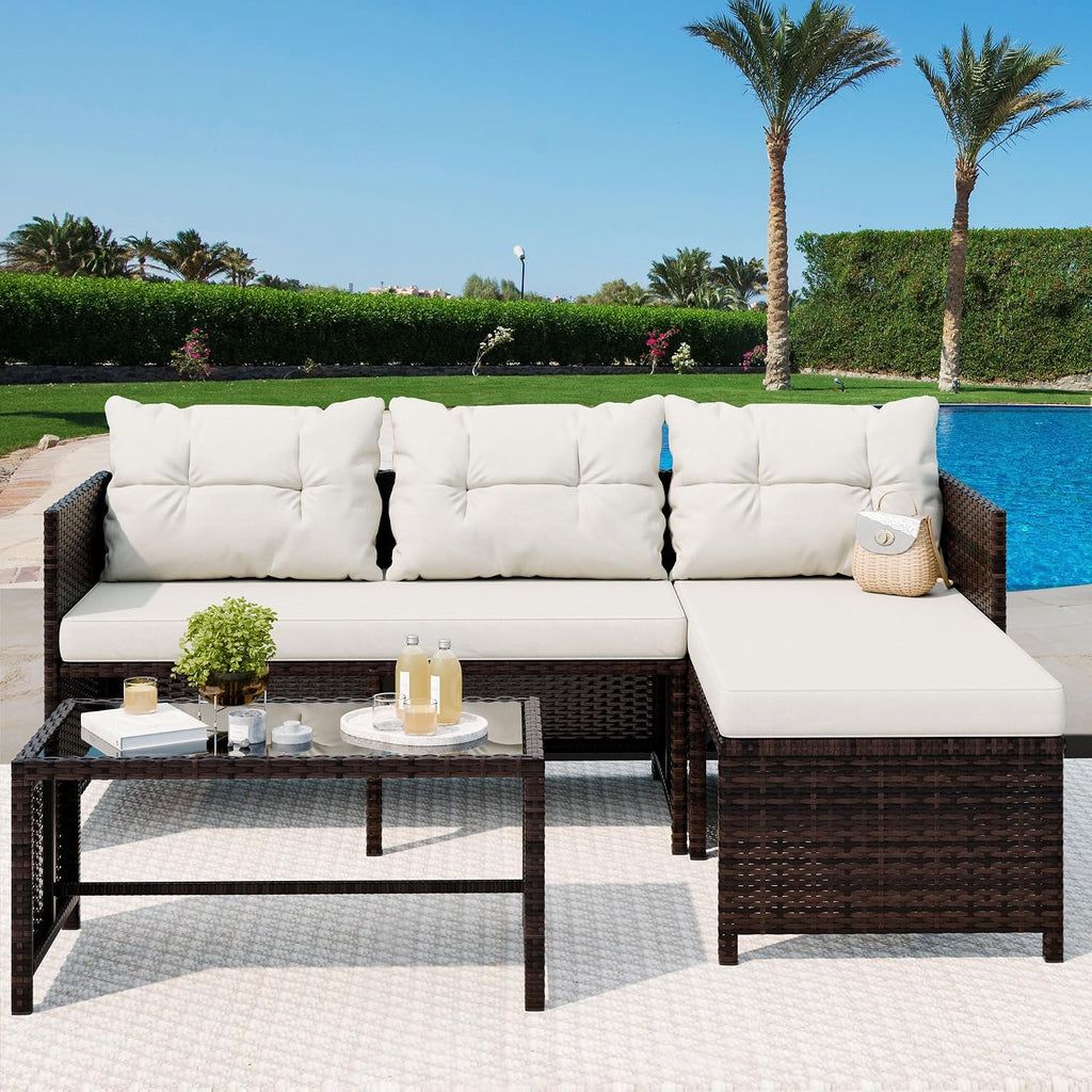 Vongrasig 3 Piece Patio Furniture Sets, All-Weather PE Wicker Outdoor Sofa Couch Sectional Set, Small Conversation Set for Garden/Patio w/Cushion, Glass Table, (Beige)