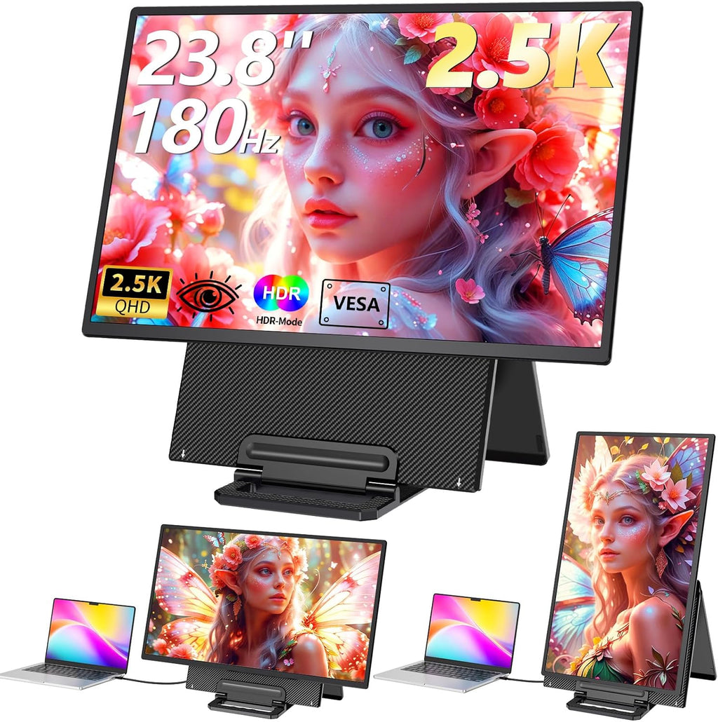 23.8' Large Portable Monitor, 2.5K QHD 180Hz Laptop Screen Extender, 150% RGB 178° IPS, Speakers & USB Hub for Office/Gaming with Kickstand, Travel Monitor for Laptop/PC/Mac/Xbox, VESA USB-C & HDMI