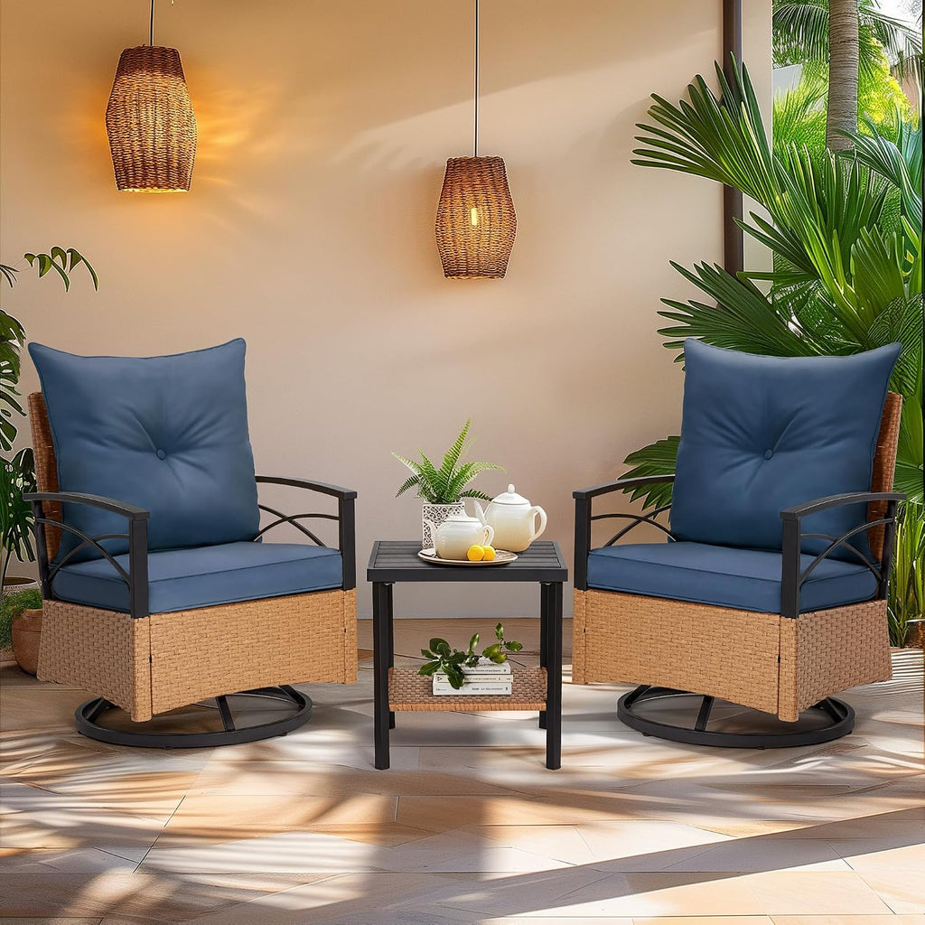 MELLCOM 3 Pieces Patio Furniture Set, Outdoor Swivel Patio Rocker Chairs with Thick Cushions and 2-Tier Coffee Table, Oversize Wicker Bistro Conversation Sets for Garden, Balcony, Backyard, Blue