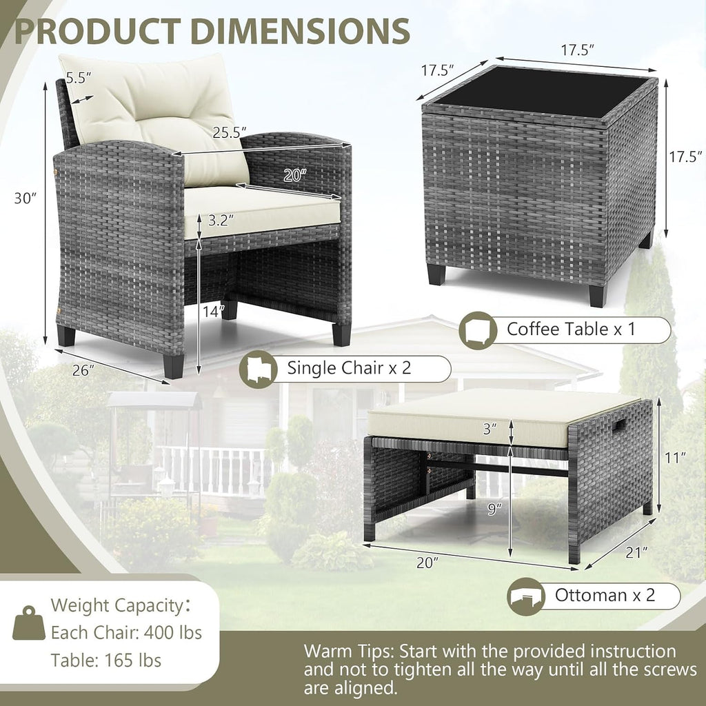 ORALNER 5 Pieces Patio Furniture Set with Ottoman, Wicker Conversation Set w/Cushions, Glass Coffee Table, Outdoor Lounger Rattan Chairs Bistro Set for Porch Balcony Garden Deck Poolside (White)
