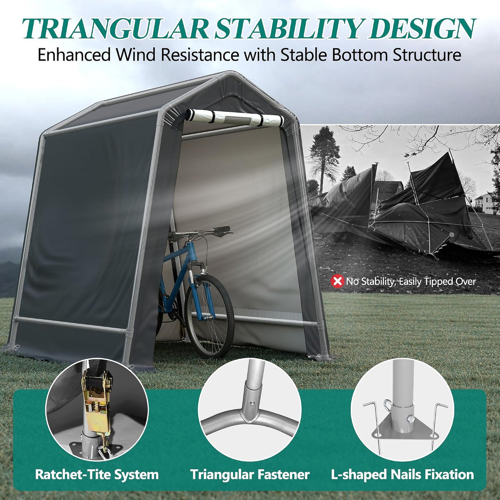 GARTOO 6' x 7' Outdoor Storage Shelter Shed- Heavy Duty Storage Tent with Roll-up Ventilated Windows, Portable Garage Storage shed for Bike, ATV, Motorcycle Shelter, Gray
