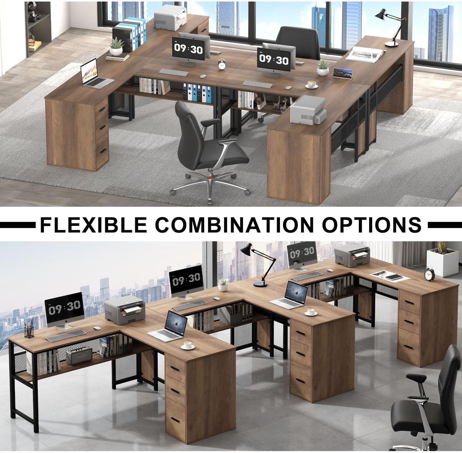 LVB Wood L Shaped Desk, Large Computer Office Desk with File Cabinets, Reversible Executive L Shape Gaming Desk with Drawers, Metal Wooden Corner Desk Table with with Storage Shelf, Rustic Oak 59 Inch