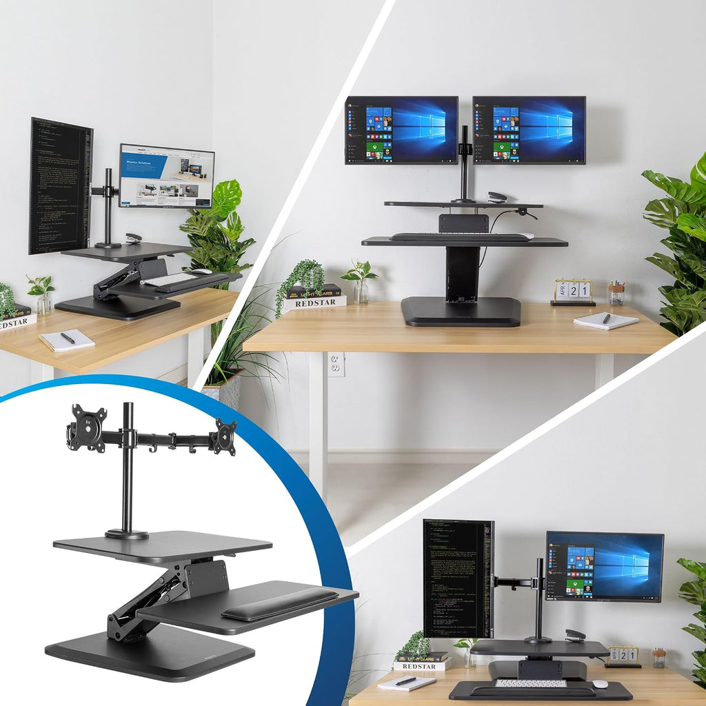 Mount-It! Standing Desk Converter, Stand Up Desk Riser with Dual Monitor Mount, Adjustable Workstation in Black, Top Platform 23' Wide, Keyboard Mouse Tray 27' Wide, Raises 5' to 17' Tall