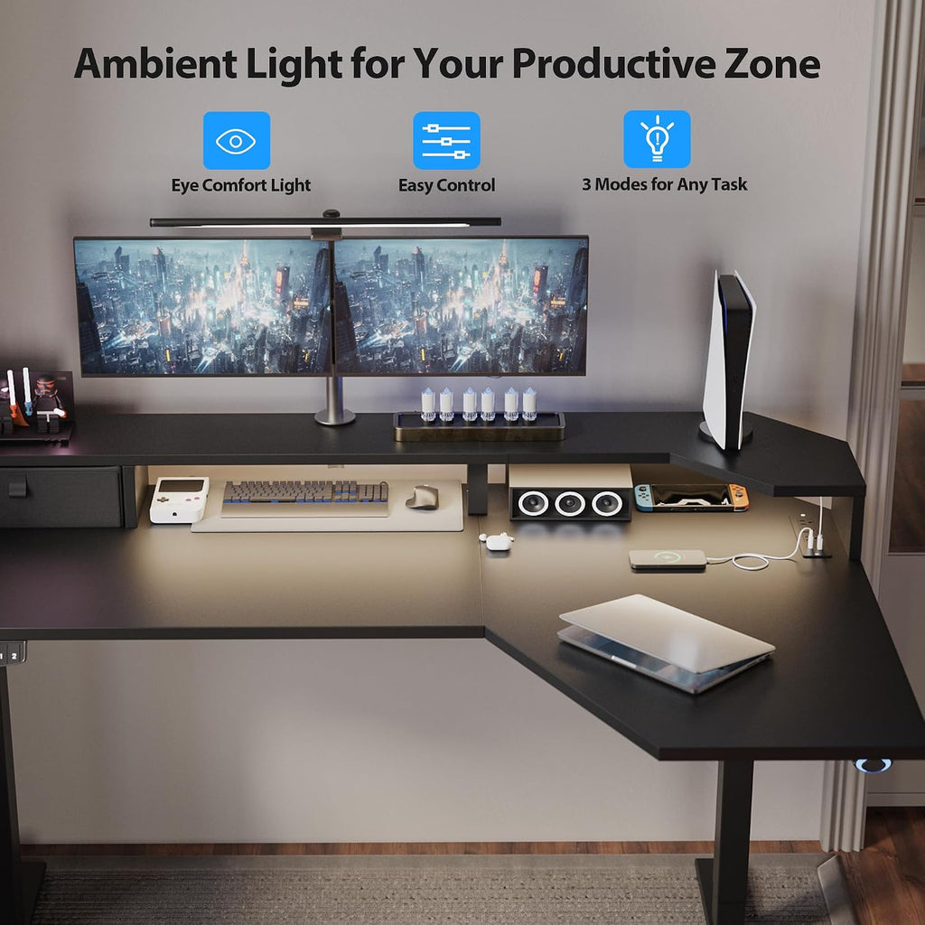 Agilestic 63 Inch L Shaped Electric Standing Desk with Shelf, Height Adjustable Large Desk with Power Outlets & LED, Corner Sit Stand Up Table with Monitor Stand, Computer Workstation, Black