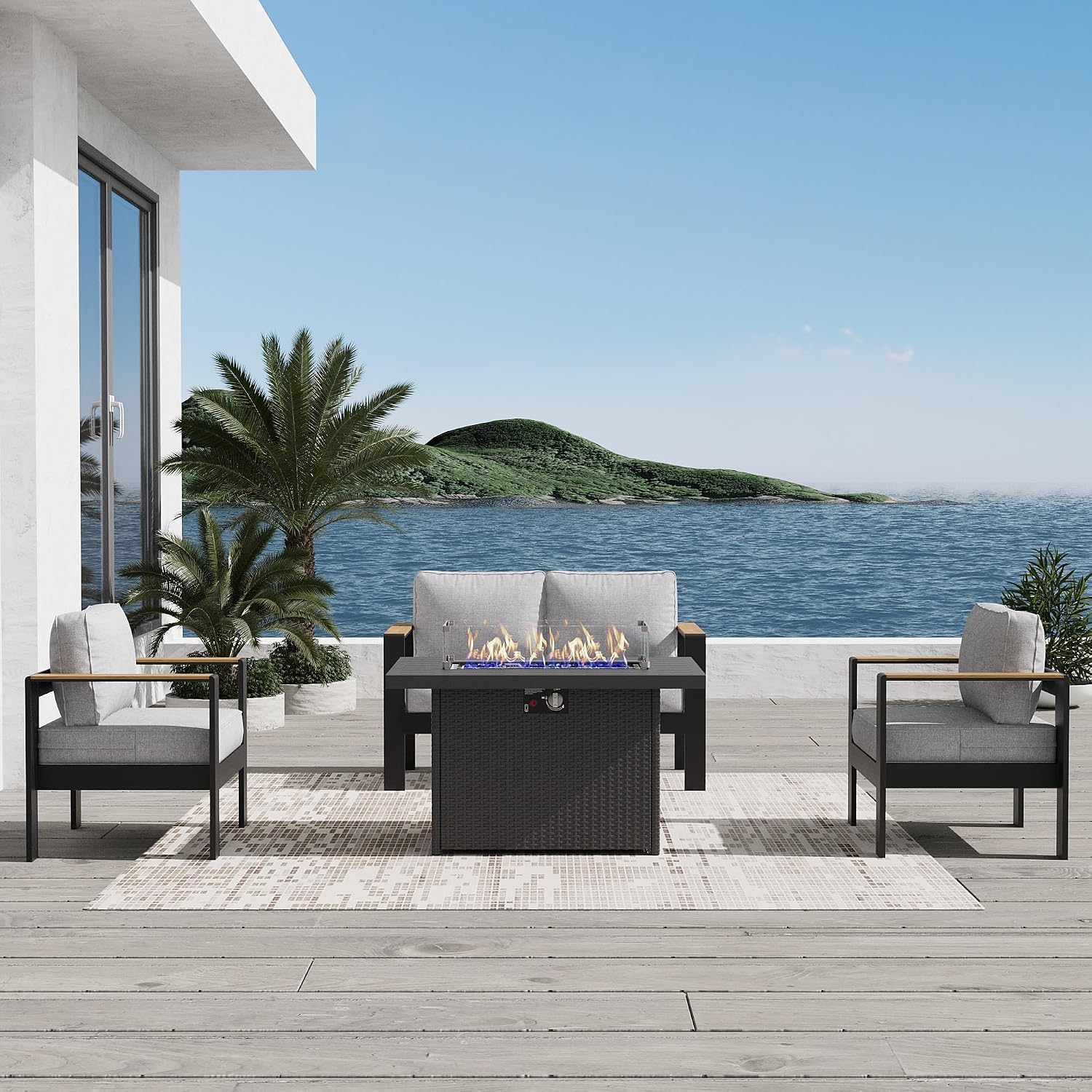 Aluminum Outdoor Patio Furniture Sets, 4 Piece Metal Patio Conversation Sets with Fire Pit with 5 Inch Cushion for Garden Backyard Deck
