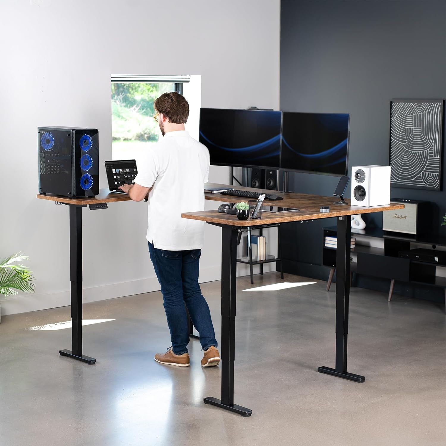VIVO Large U-Shaped 83 x 60 in Electric Standing Desk, Memory Height Adjustment, Rustic Vintage Brown Top Black Frame, DESK-E4UBN