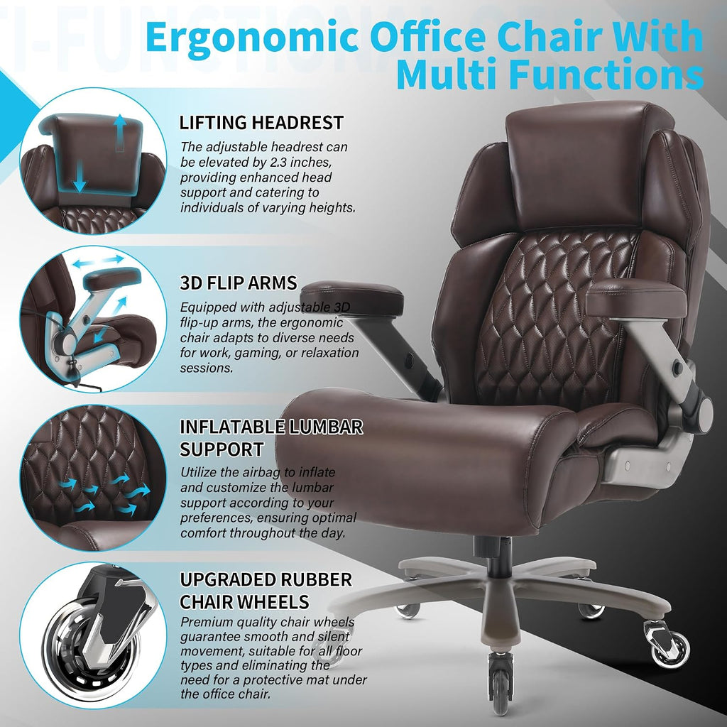 Big and Tall Office Chair 700lbs - Adjustable Headrest&Lumbar Support, 3D Flip Arms, Large Wheels &Heavy Duty Metal Base, Ergonomic High Back Computer Chair Desk Chair, Thick Padded Extra Wide Seat