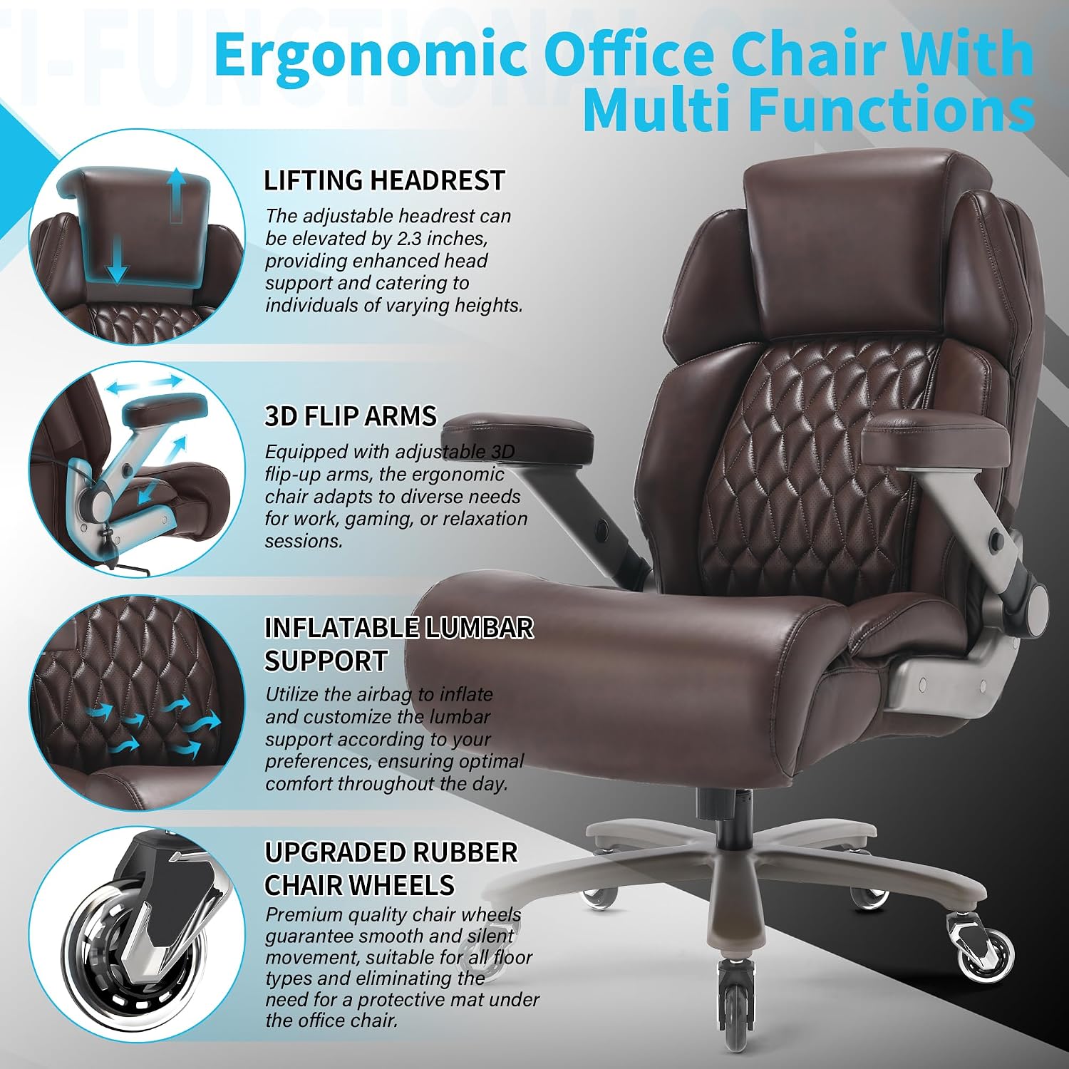 Big and Tall Office Chair 700lbs - Adjustable Headrest&Lumbar Support, 3D Flip Arms, Large Wheels &Heavy Duty Metal Base, Ergonomic High Back Computer Chair Desk Chair, Thick Padded Extra Wide Seat