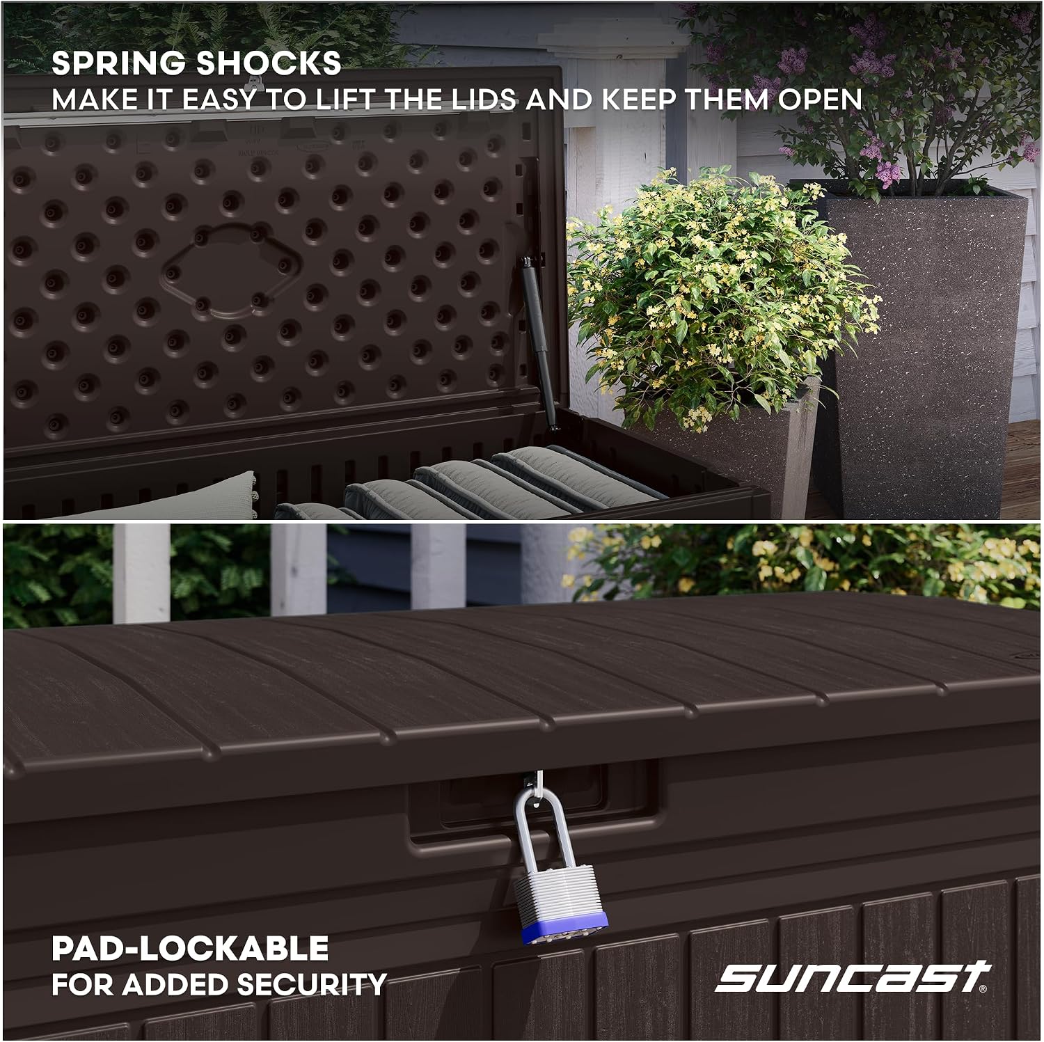 Suncast 80-Gal. Resin Large Outdoor Patio Deck Box with Pad-Lockable Lid, Modern Outdoor Patio Bench/Storage Box for Cushions, Garden Tools, and More, Java