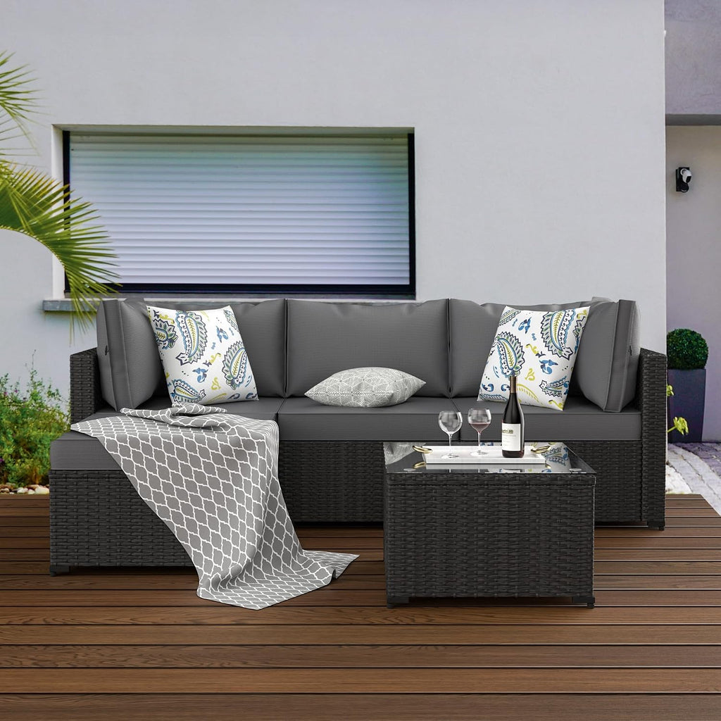 Patio Furniture Set, 5PCS Outdoor Sectional with Ottoman Wicker Rattan Patio Furniture with Thickened Cushion Modular Wicker Patio Conversation Set with Glass Top Table for Balcony, Backyard (Grey)