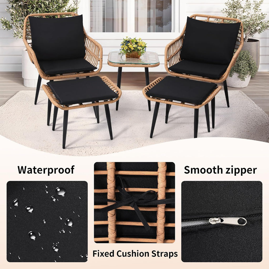 KROFEM 5 Piece Wicker Bistro Patio Conversation Furniture Set, Includes 2 Chairs, 2 Ottomans, and Side Table, Ideal for Porch, Balcony, Deck, Backyard, Natural