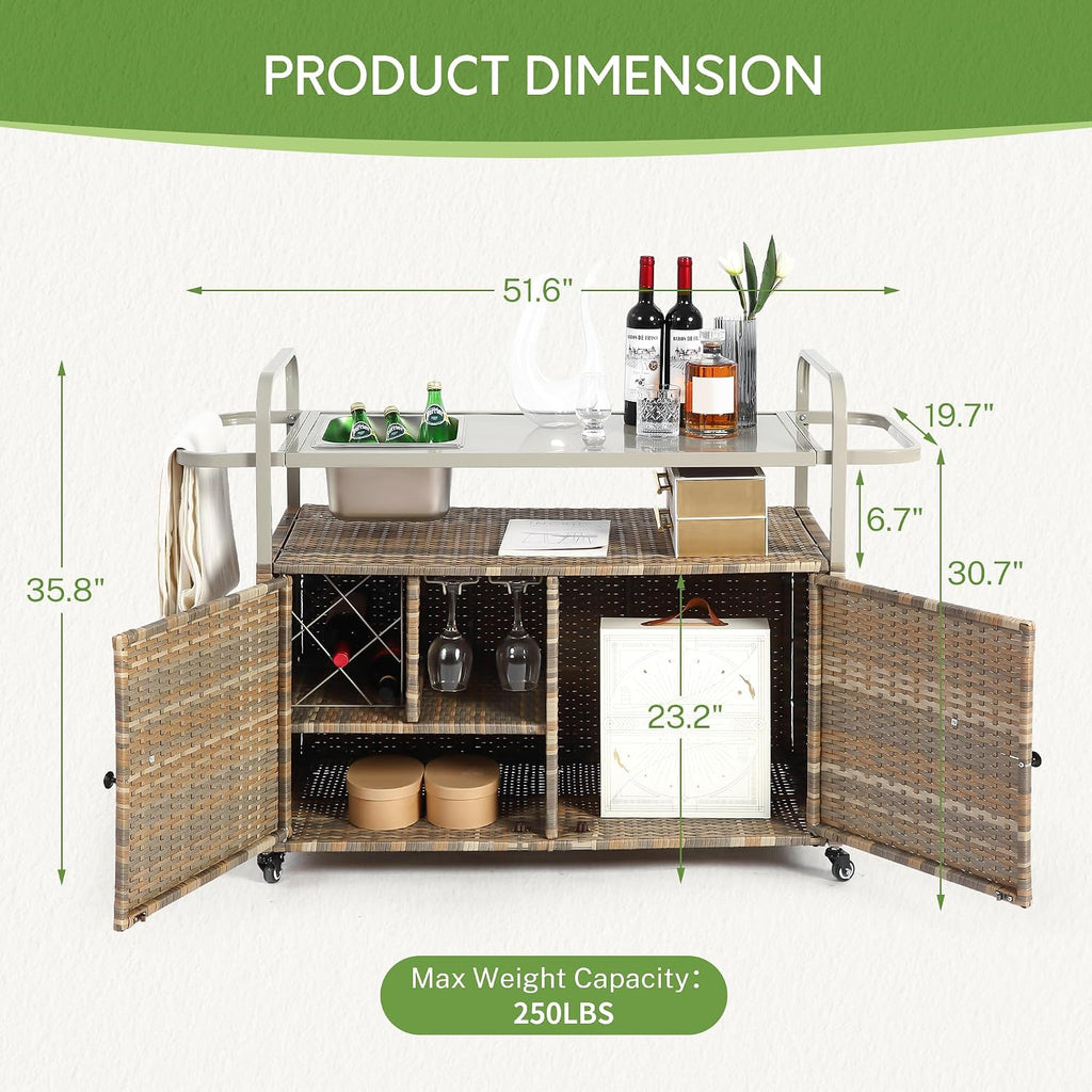 Wicker Outdoor Bar Cart with Ice Bucket, Patio Bar Table with 2 Ratten Doors Cabinet and Casters for Grill, Kitchen and Garden,Beige