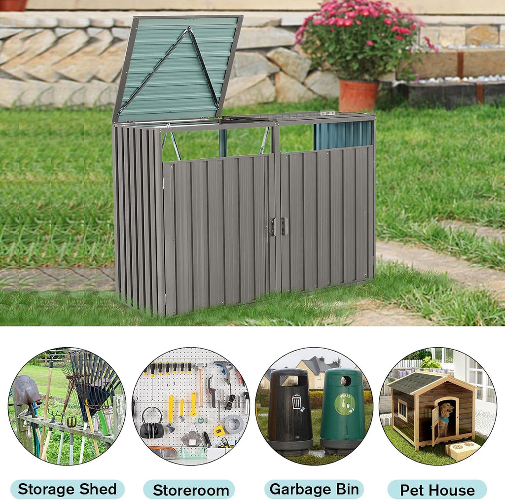 Outdoor Trash Can Storage, Garbage Bin Shed Stores 2 Trash Cans, Metal Outdoor Storage Shed for Garbage Cans, Garden Accessories, Backyard, and Patio Use, Lockable, Light Grey