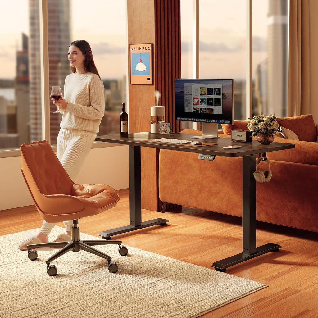 FEZIBO Standing Desk, 63×28 Inches Electric Height Adjustable, Sit Stand Up, Computer Office Desk with Splice Board, Black Frame/Black Walnut TOP