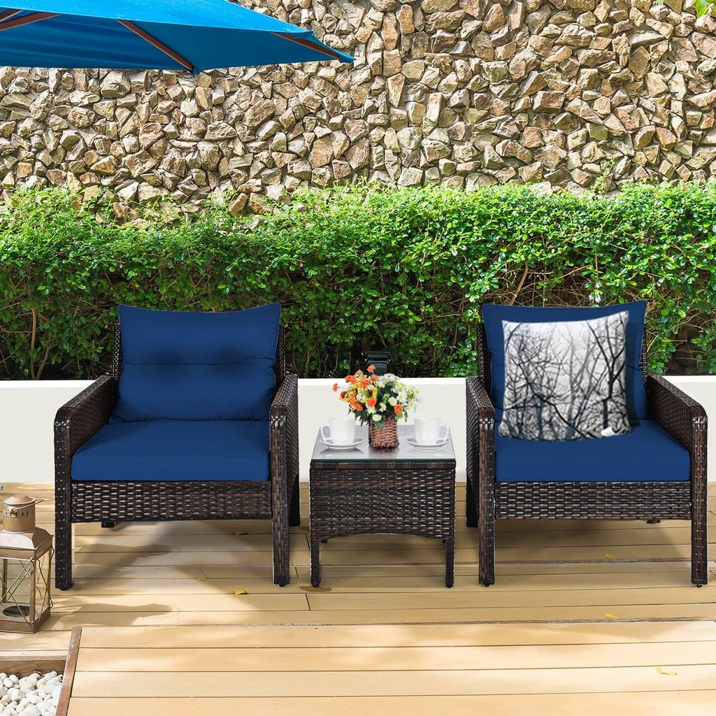 COSTWAY 3PCS Patio Furniture Set, Outdoor Wicker Cushioned Sofa Set with Coffee Table, All Weather Rattan Conversation Set for Garden Balcony Backyard Poolside Lawn, Navy