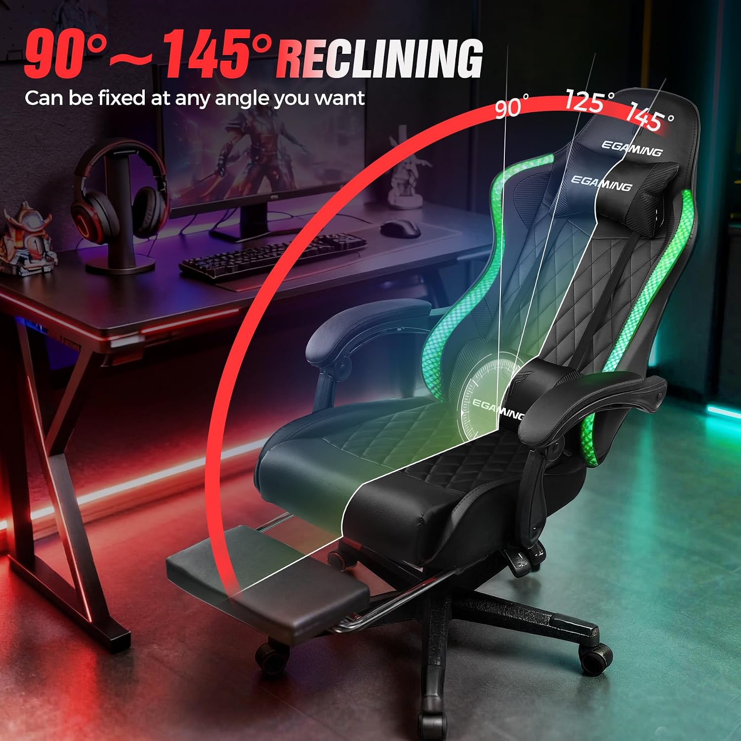 EXRACING Gaming Chair with Footrest Ergonomic High-Back PU Leather Computer Chair with RGB LED Lights Linkage Armrests Lumbar Support and Headrest 150°Reclining Diamond Quilted Office Chair for Adults
