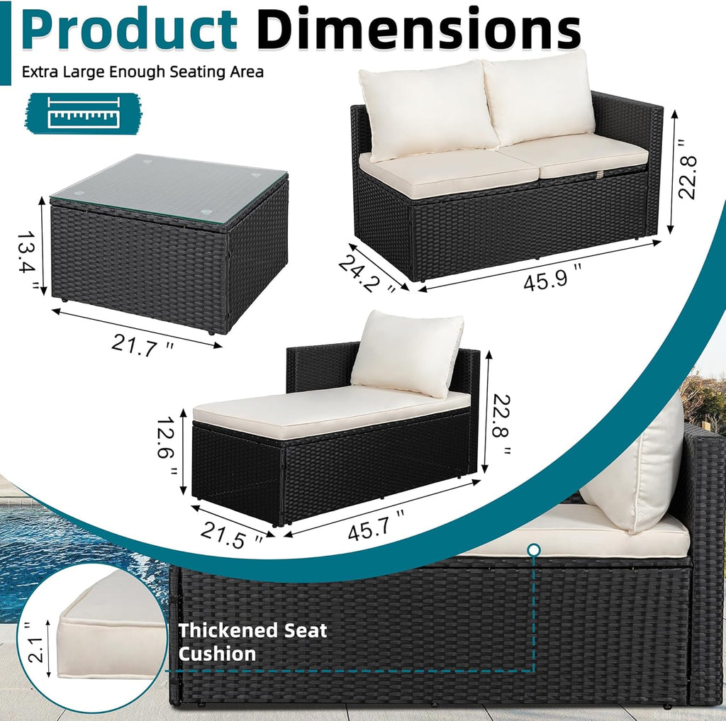 SUNLEI Patio Furniture Set with Detachable Soft Cushions, Outdoor PE Rattan Patio Conversation Sofa Set, 3-Piece Patio Sectional Sofa with Glass Coffee Table, Black Rattan/White