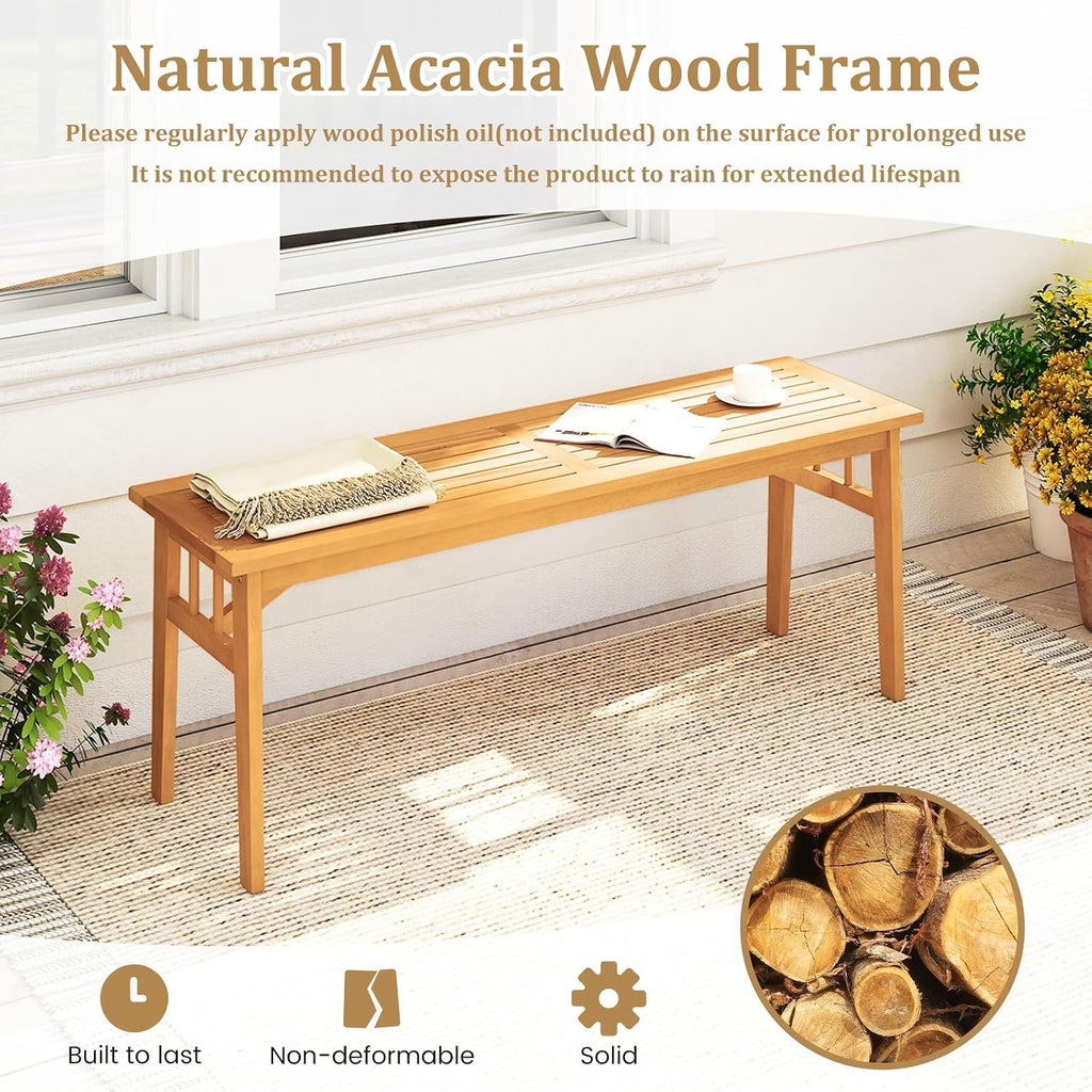 Tangkula Outdoor Acacia Wood Bench Set of 2, 48' Patio Dining Bench with Slatted Seat, Backless Wooden Entryway Bench, Farmhouse Indoor Outdoor Furniture for Garden, Poolside, Park & Deck