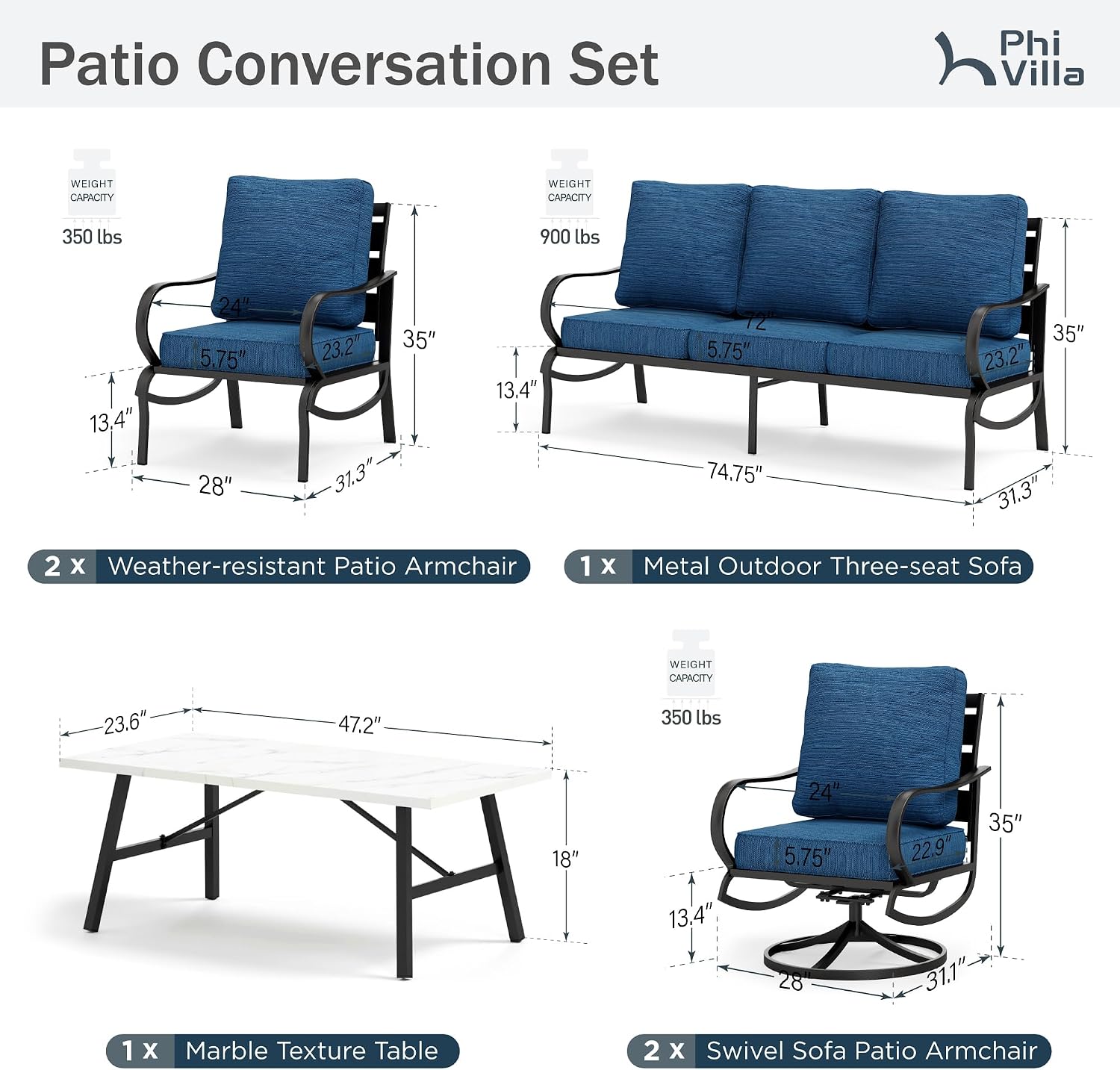 PHI VILLA 6 Piece Patio Furniture Sets with 1 x 3-Seat Wide Deep Seating Bench, 2 x Swivel Cushioned Sofa Chairs, 2 x Leg Sofa & 1 x Coffee Table, Outdoor Furniture Set for 7 Person, Peacock Blue