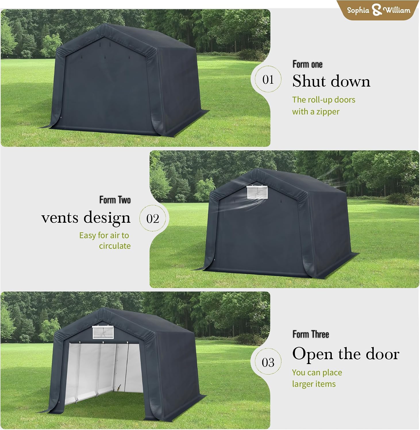 Sophia & William Carport Storage Shed 10x15 ft Portable, Heavy Duty Car Port Canopy Garage Shelter with Sidewalls and Roll Up Doors for Automobile Boat Motorcycle Bike, Gray