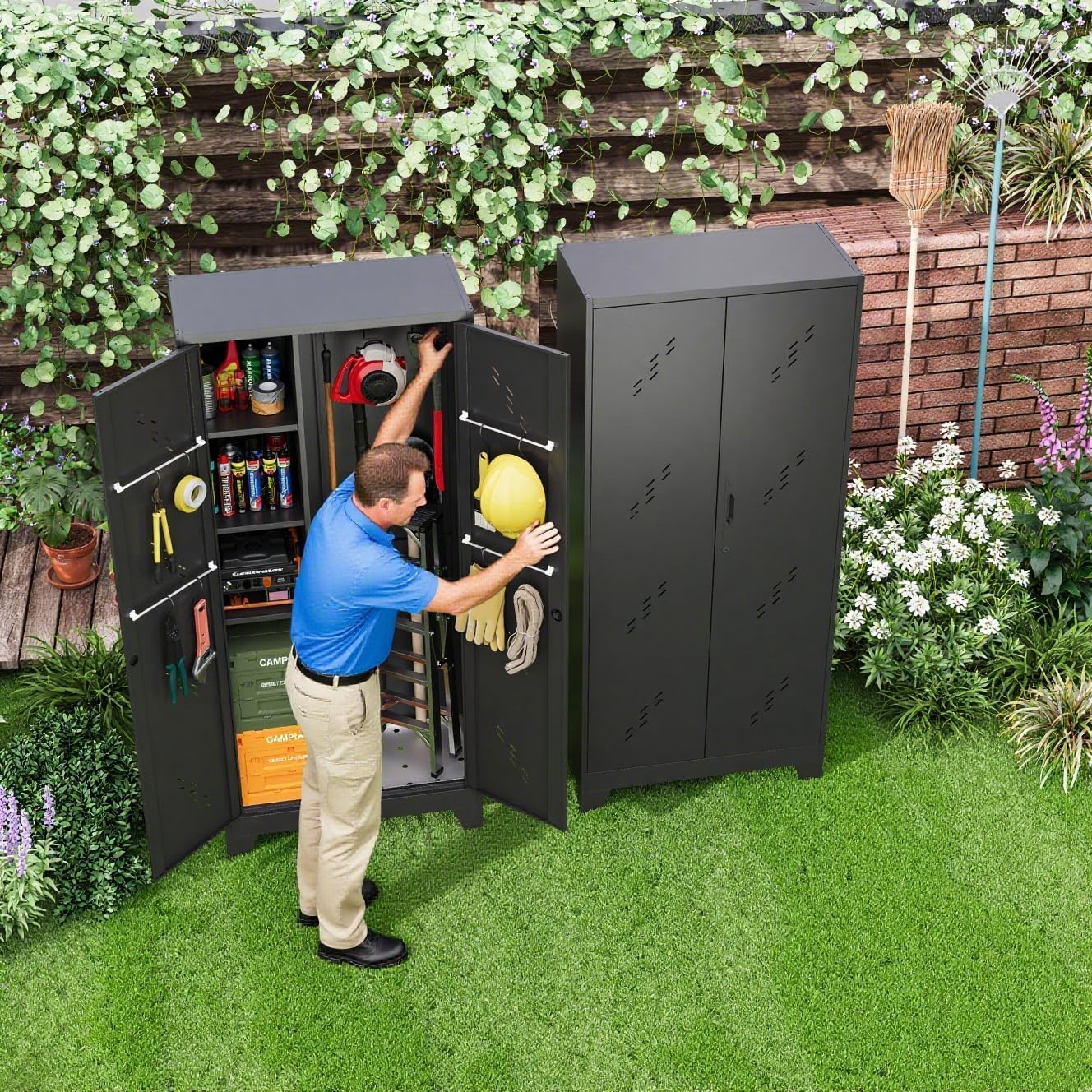 Garage Storage Cabinet 75' H,Tall Storage Shed with Lockable Doors and Stainless Steel Bottom, Black Tools Utility Chests for Office, Garage, Warehouses