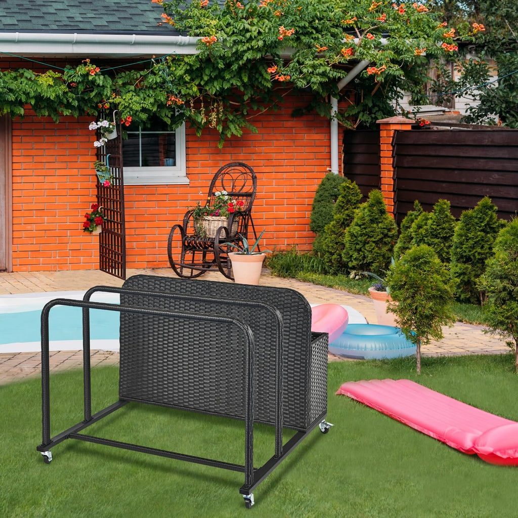 Poolside Float Storage Organizer, Pool Toy Storage Holder with Wicker Basket Outdoor Pool Float Holder Storages Rack Rolling Caddy Cart Raft Holder Storages Rack for Poolside Noodles Equipment Black
